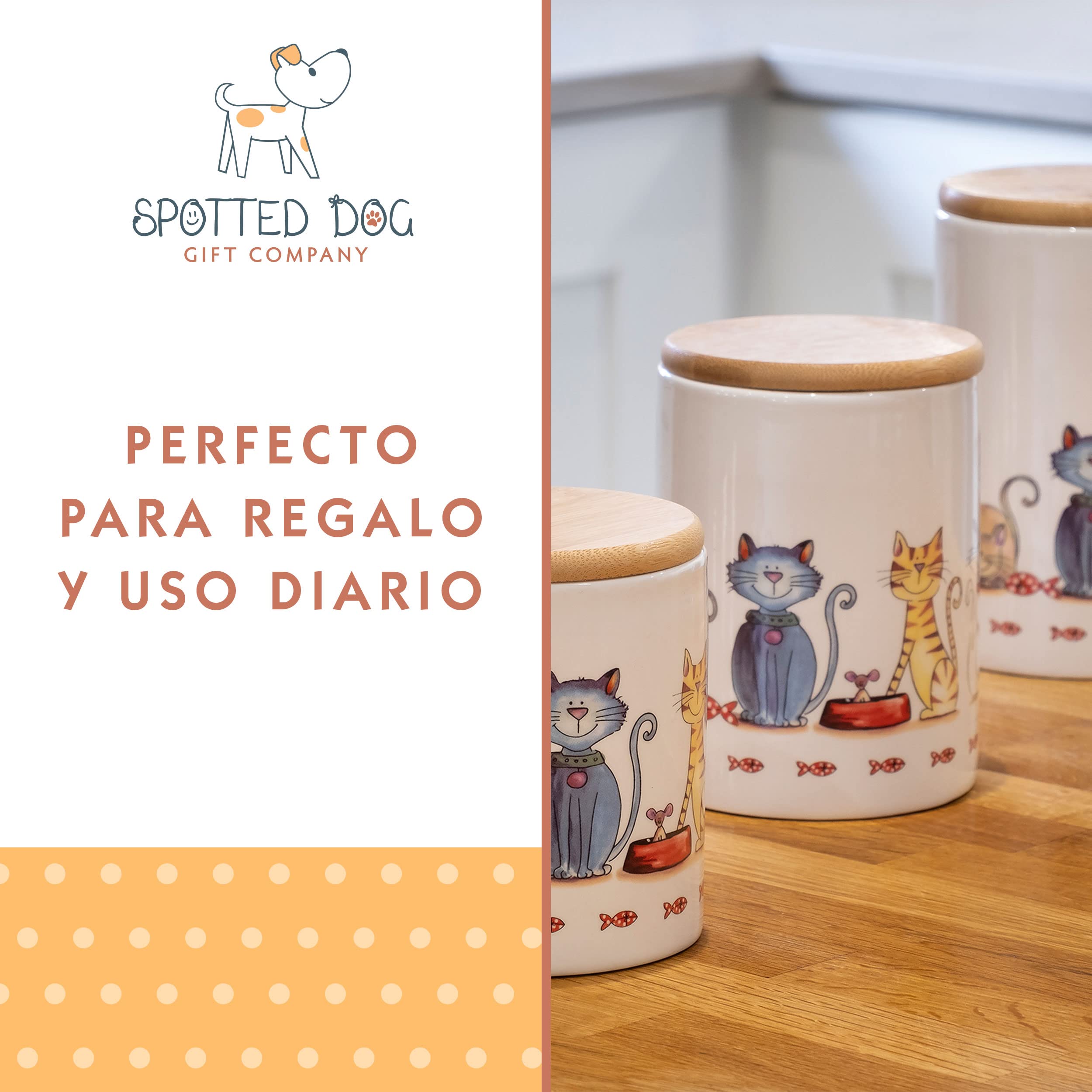 SPOTTED DOG GIFT COMPANY Juego de 3 Botes Cocina Almacenaje de Cerámica con Estampado de Gatos Bonitos, Recipientes Herméticos para Alimentos con Tapa, Regalos para Amantes de los Gatos