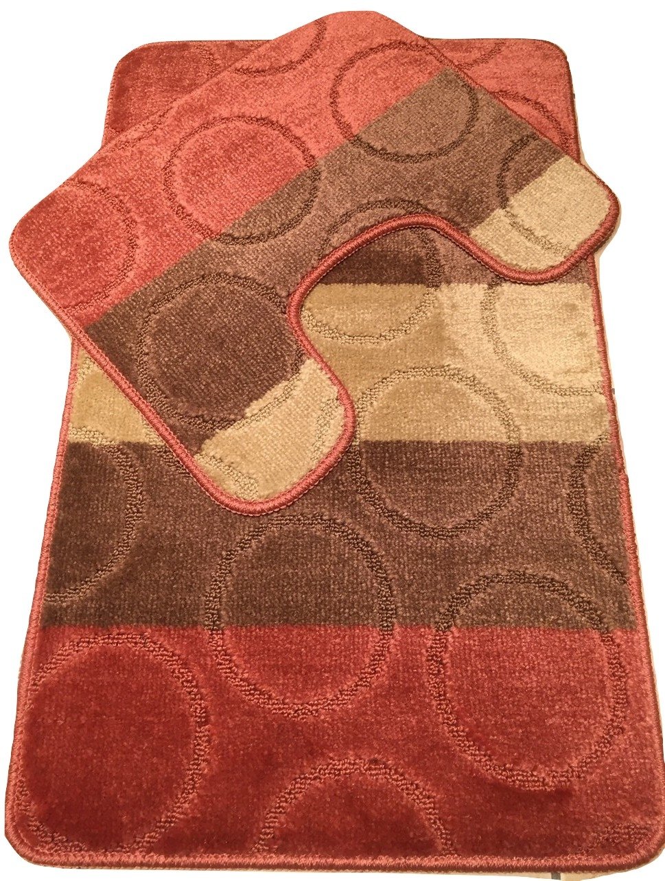 Machine Washable 2 Piece Bath Mat & Toilet Pedestal Set Non Slip (Terracotta/Brown/Beige Stripe Circle)