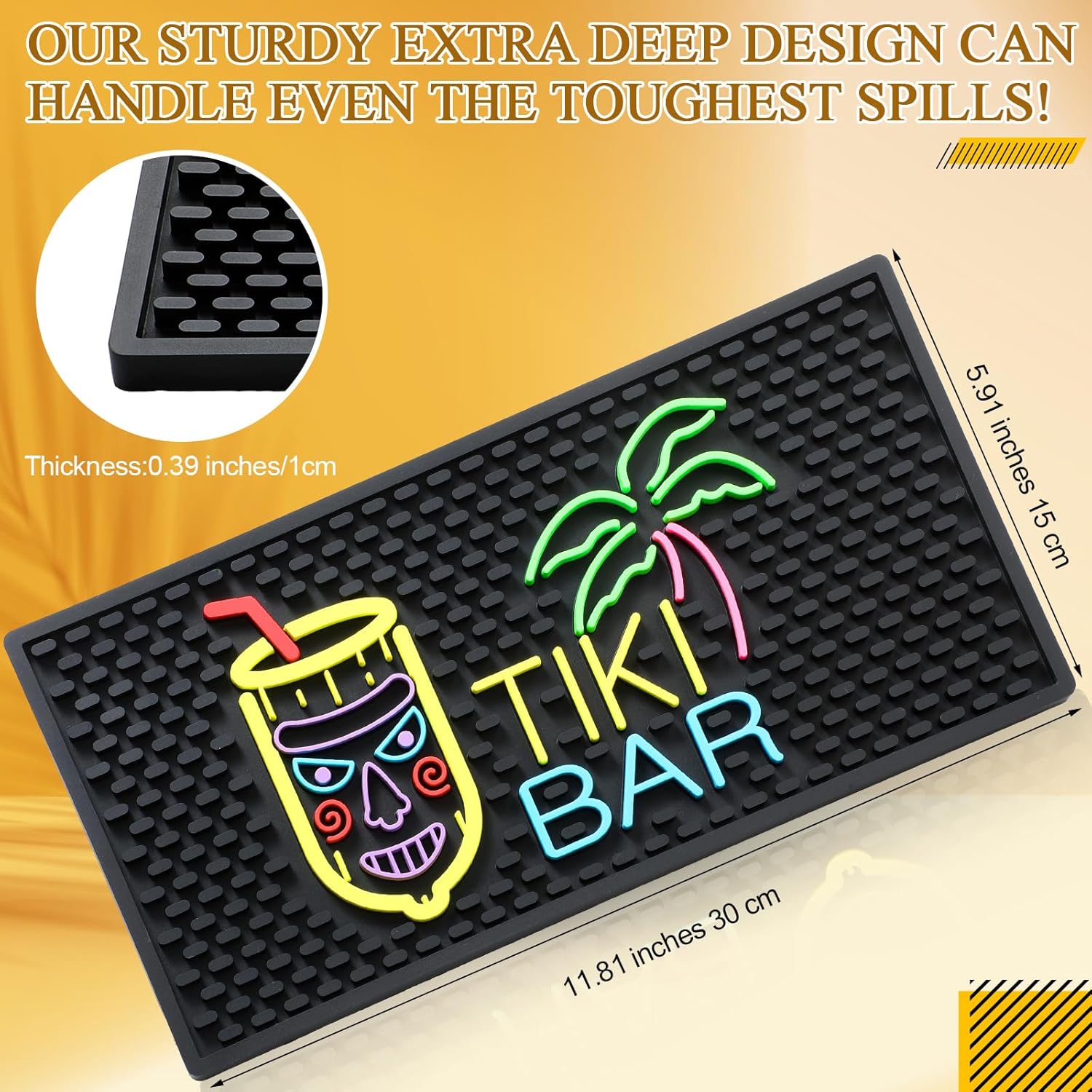Preboun Tiki Bar Mat 6 x 12 Inches Thick Rubber Fluorescent Pattern Non Slip Bar Mat for Countertop Entertaining and Vibrant Home Service for Coffee Kitchen Restaurants