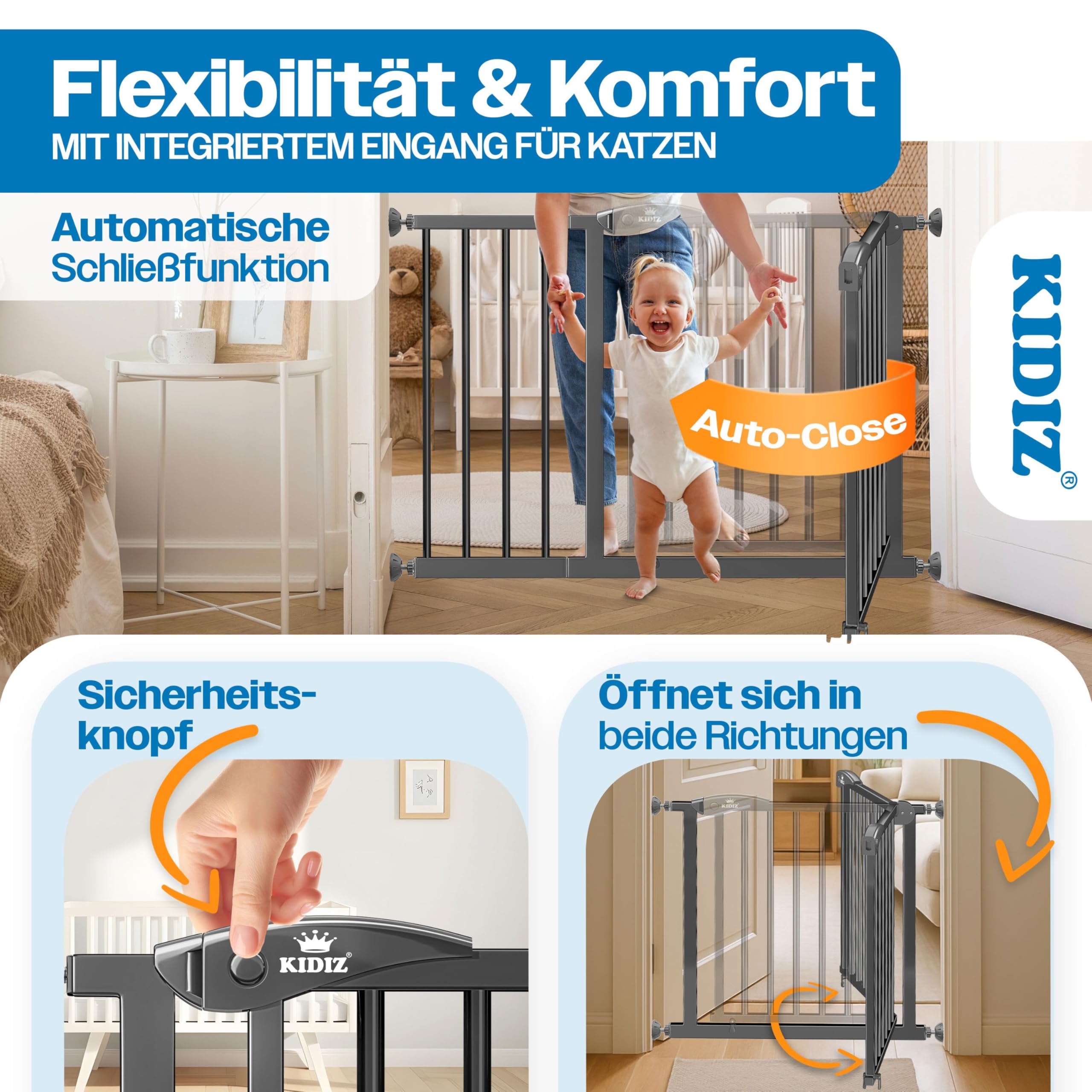 KIDIZ Treppenschutzgitter ohne Bohren 88-94 cm 75 cm hoch Anthrazit