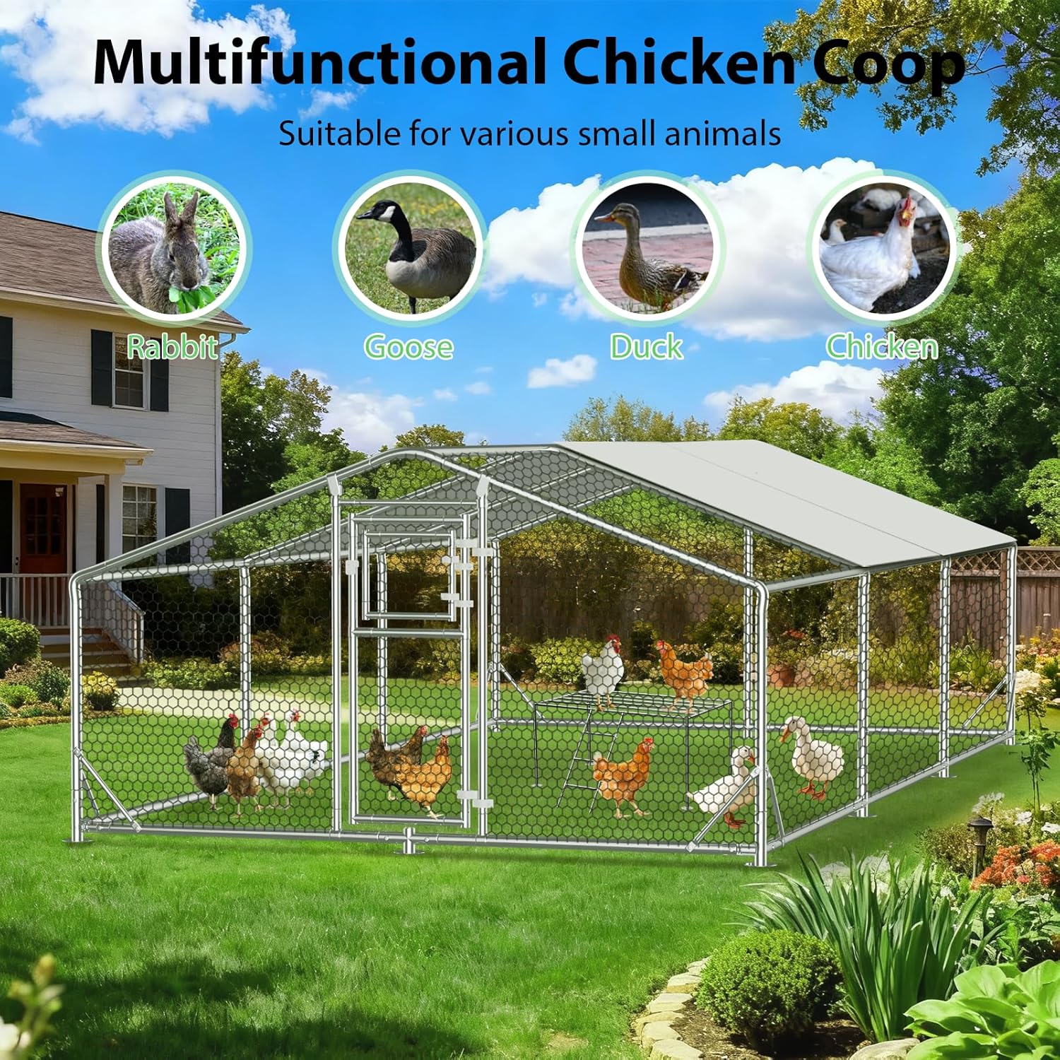 20x10x6.5 FT Large Metal Chicken Coop, Functional Split Door Chicken Coop Run with Cover & Hardware Cloth,Heavy Duty Chicken Pen with Aluminum Frame, Easy Setup Animal Run for Hen, Duck, Goat
