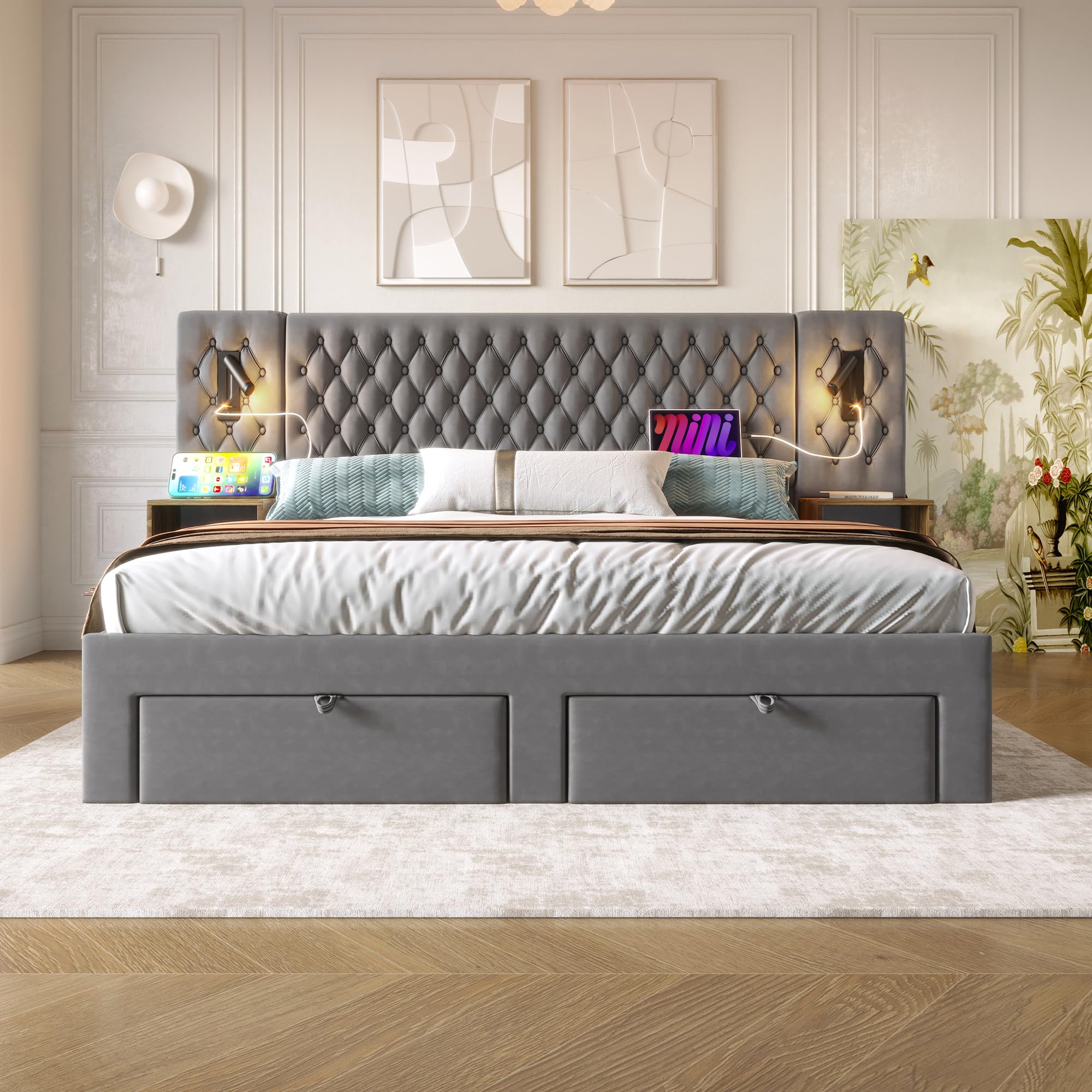 Set Completo per Letto Matrimoniale - Letto Imbottito 180 x 200 cm, Comodini e Cassetti, Lampada da Lettura USB