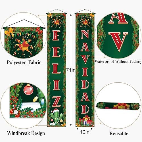 Miniatura 5 de Pudodo Cartel de Feliz Navidad para porche, diseño de cactus mexicano, fiesta de invierno, vacaciones, puerta delantera, decoración para colgar en