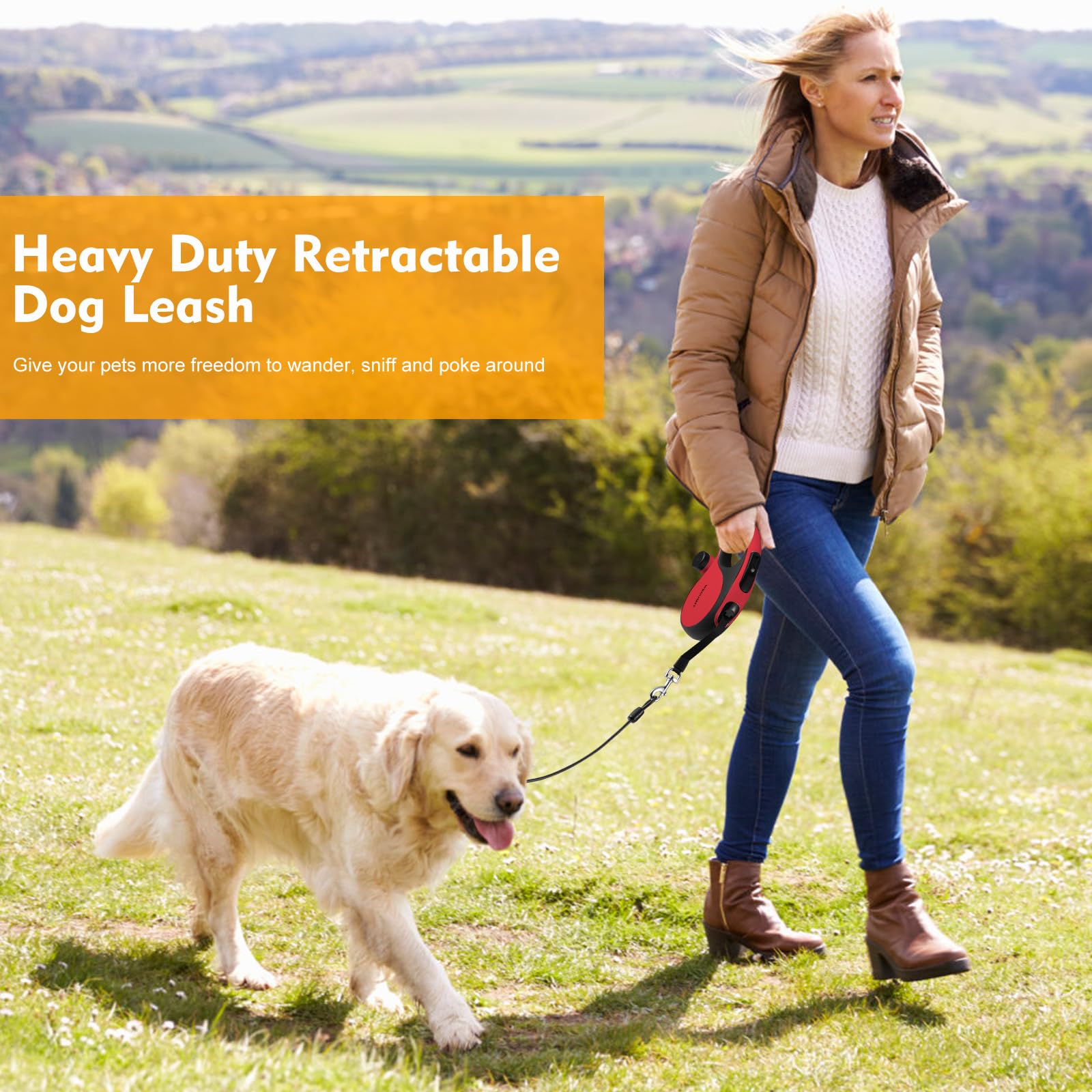 WRSOMIT Retractable Dog Leash with Chew Proof Cable, 26Ft Heavy Duty Dog Leash for Small Medium Large Dogs up to 110lbs, 360Â° No Tangle, One-Handed Brake (Red)