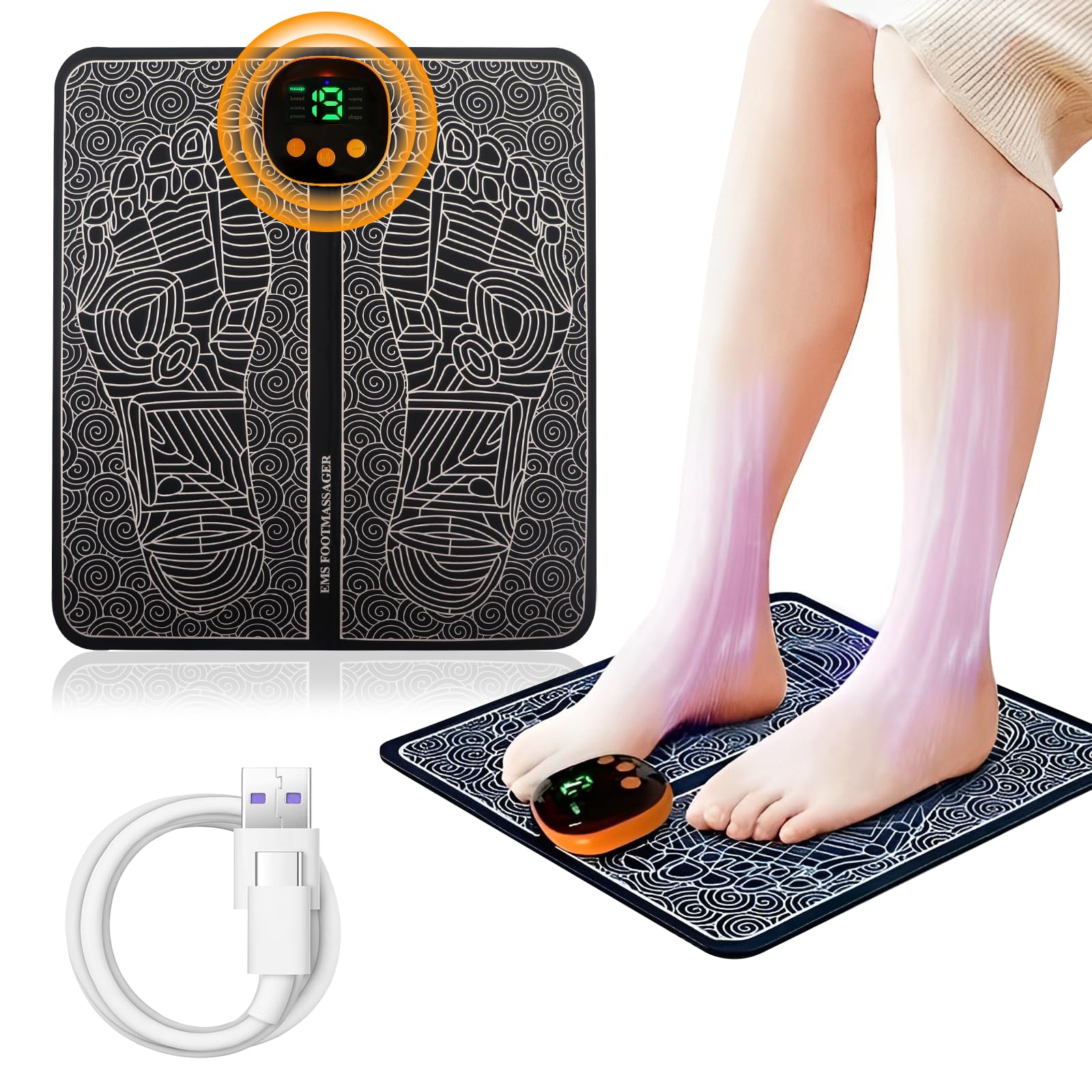 Ems Foot Massager and Circulation Booster,Portable Electric Foot Massagers,Foot Massagers for Pain and Circulation,8 Modes 19 Intensities Relax Muscles,USB Rechargeable