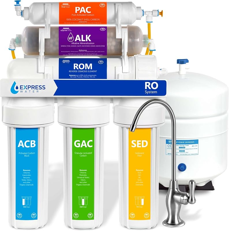 Express Water ROALK5D, sistema de RO bajo fregadero de 10 etapas, alcalino, 50 GPD | Certificado NSF 372, Deluxe Chrome Facuet, reduce el 99% de las impurezas, sin BPA, detección de fugas