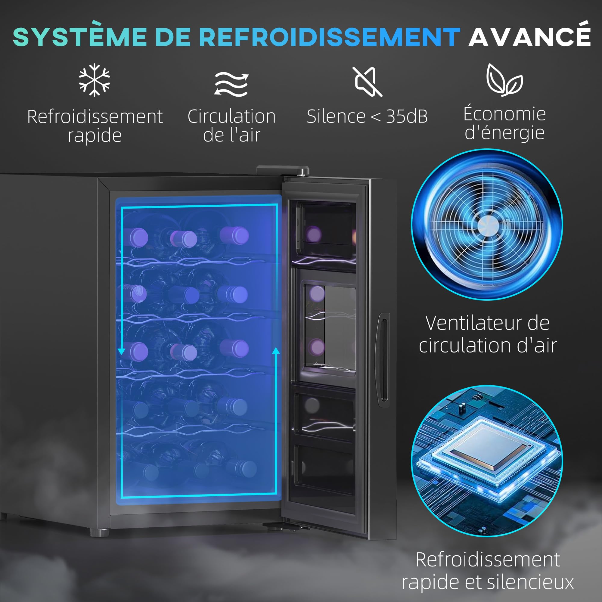 HOMCOM Cave à vin 15 bouteilles 39L réfrigérateur thermoélectrique silencieux porte verre LED écran tactile numérique contrôle température 8-18°C noir