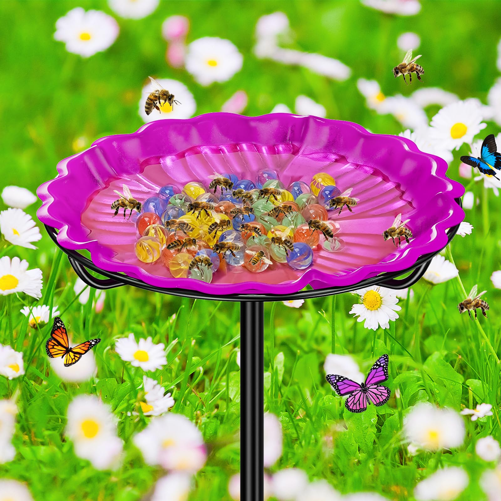 Bee Butterflies Watering Station, Standing Bee Feeder with Glass Marbles for Outside, Bee Bath Feeder with Metal Stakes Butterfly Puddler Garden Yard Déco (Rose)