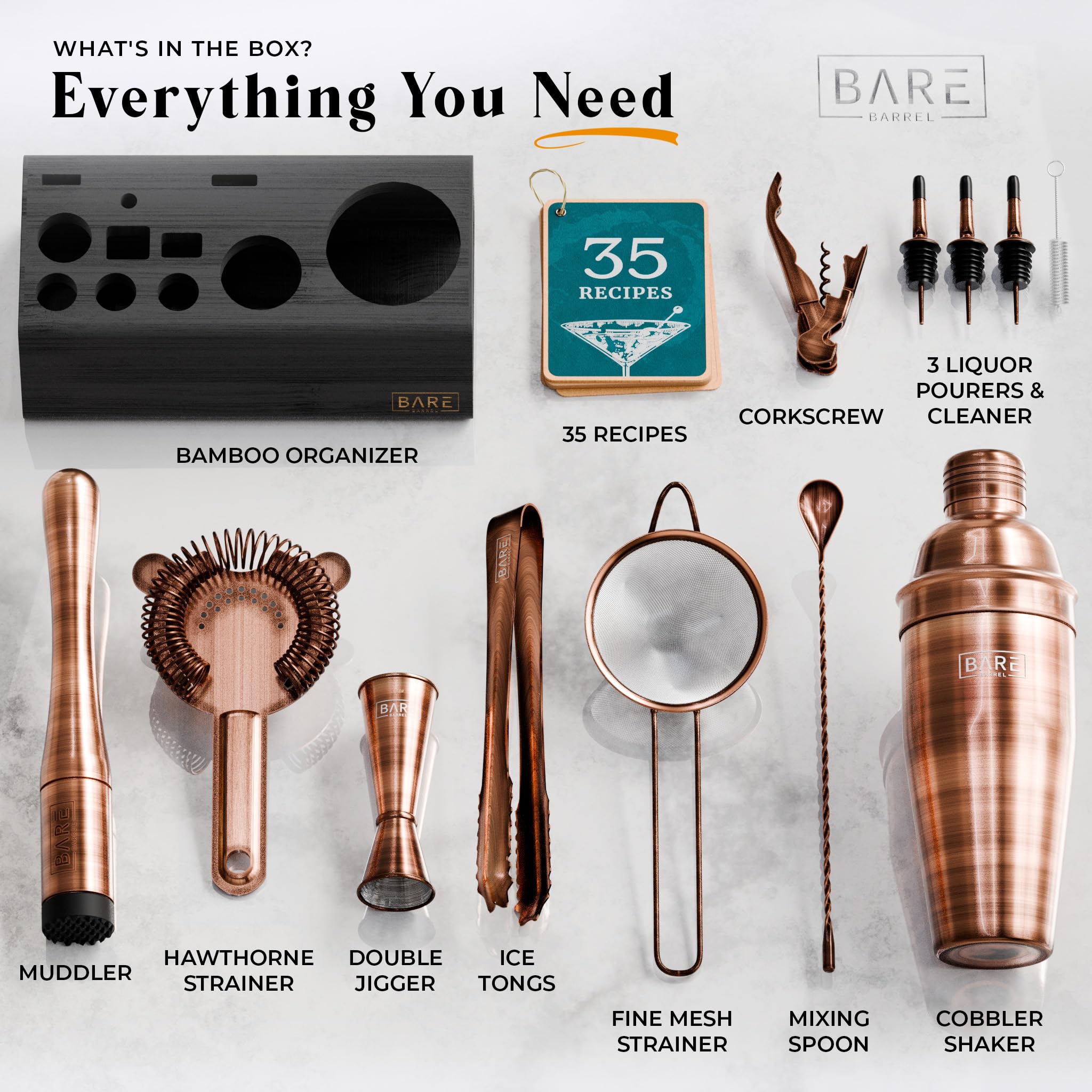 Bare Mixology Barkeeper-Set, Bar-Set, 14-teiliges Martini-Cocktail-Shaker-Set, professionelle Barzubehör-Mischwerkzeuge für die Hausbar, Bambusständer und Rezeptkarten-Set (Kupfer)
