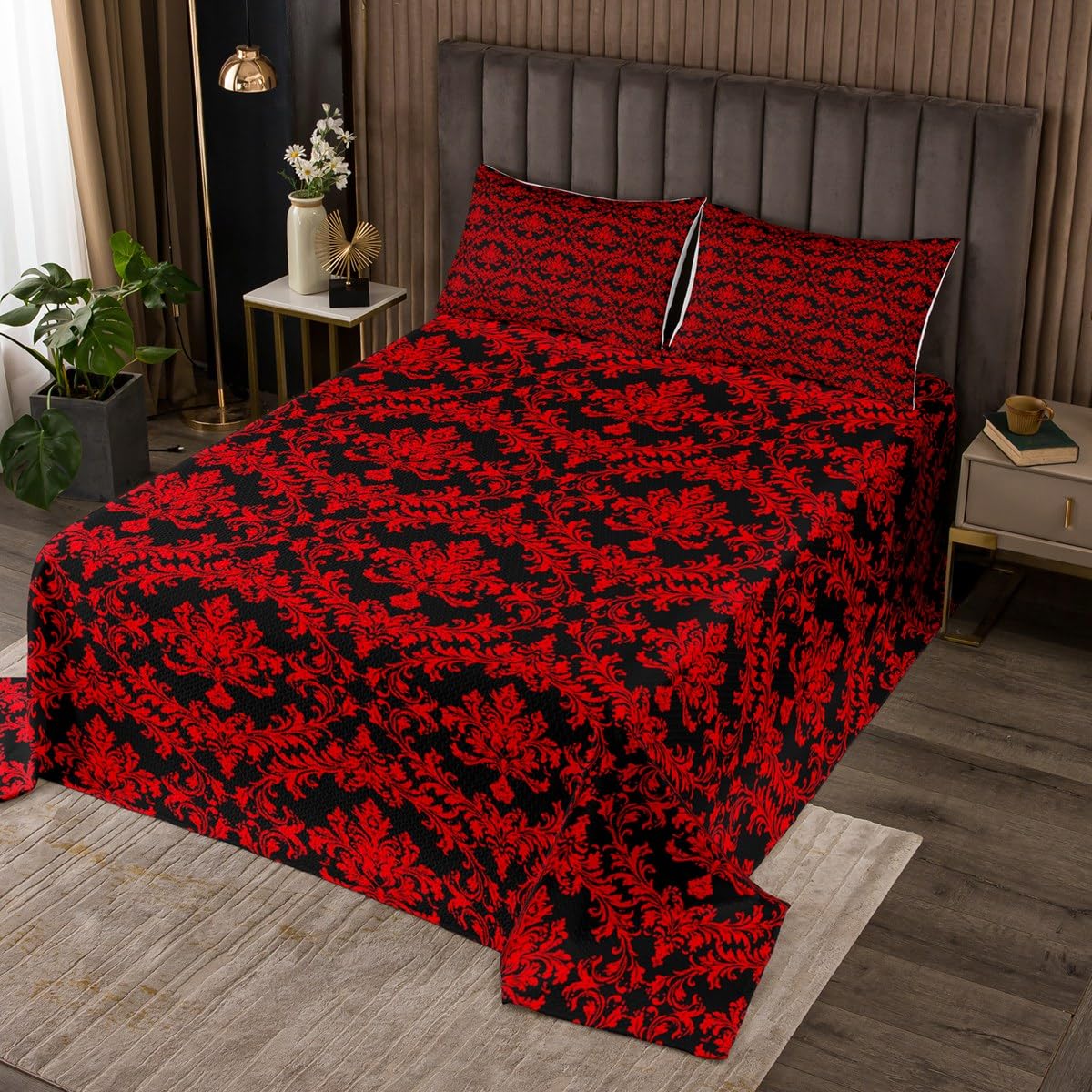 jejeloiu Gothic Bedspread for Kids Boys Girls,Twin Size,Red Black Damask Coverlet Set,Vintage Floral Decorative Quilted Coverlet,Luxury Flower Bedspread Cover,Bohemia Boho Bedroom Decor