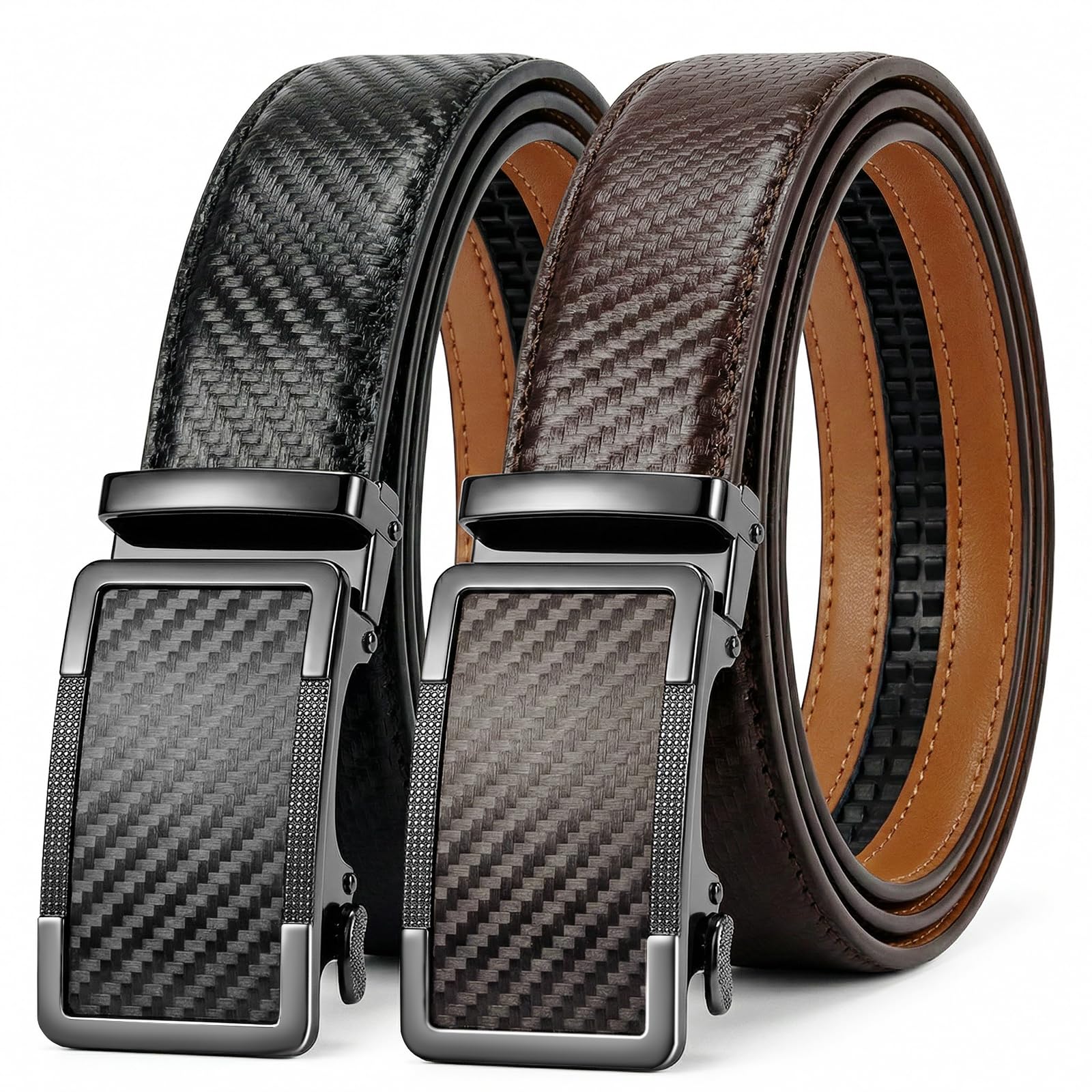 Ratchet Belts for Men - 2 Pack Leather Belts for Men Easy to Slide Adjustable Gift for Him