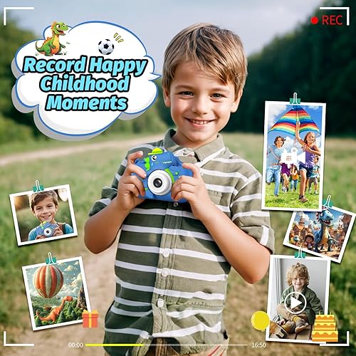 Miniatura 4 de Cámara de dinosaurio para niños y niñas, cámara digital para selfie con bonita cubierta protectora y tarjeta SD de 32G, regalos de cumpleaños de