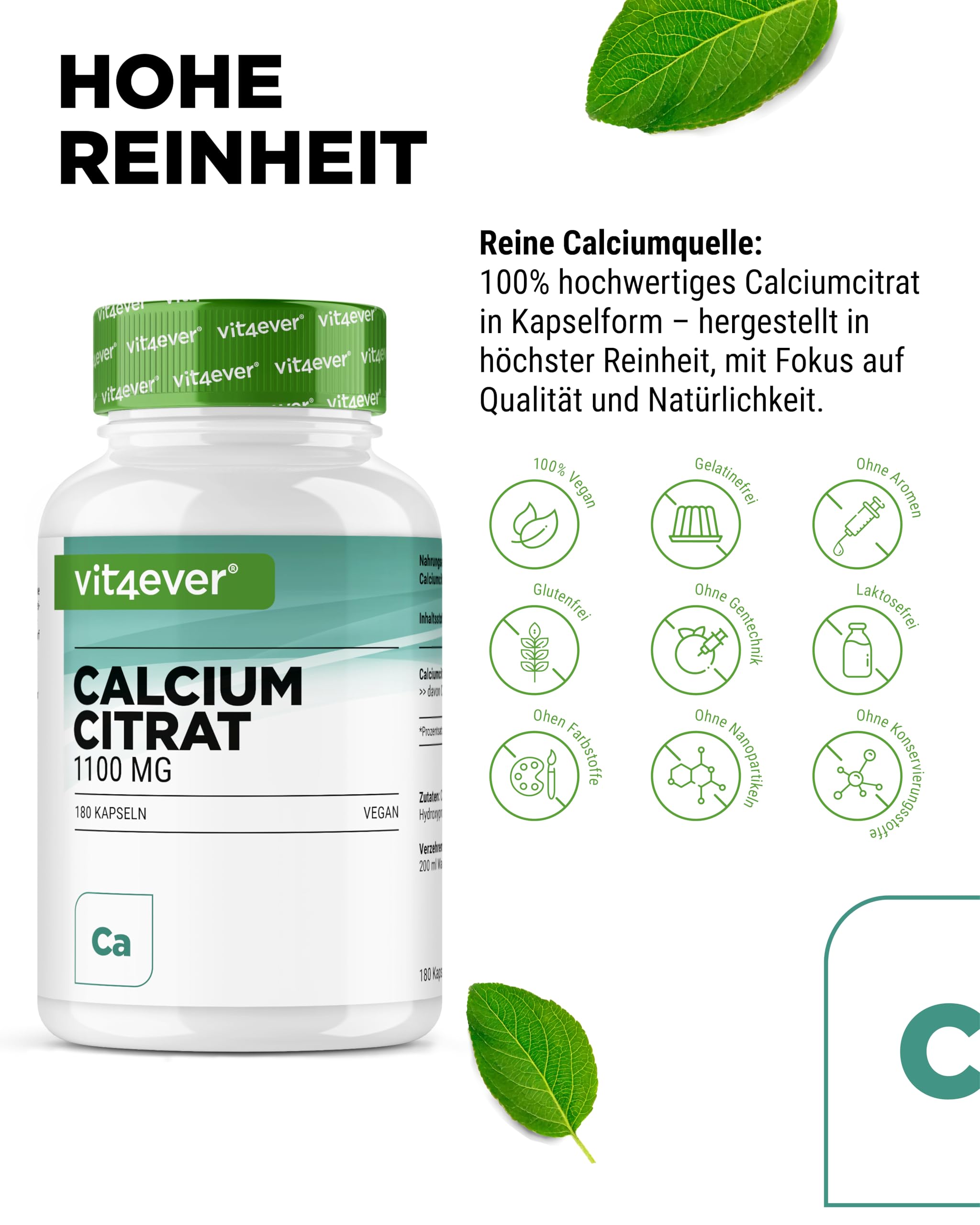 vit4ever Calciumcitrat - 180 Kapseln - hochdosiert mit 1100 mg pro Kapsel | hohe Bioverfügbarkeit, Kalzium für Knochen, Zähne & Energiestoffwechsel, laborgeprüft