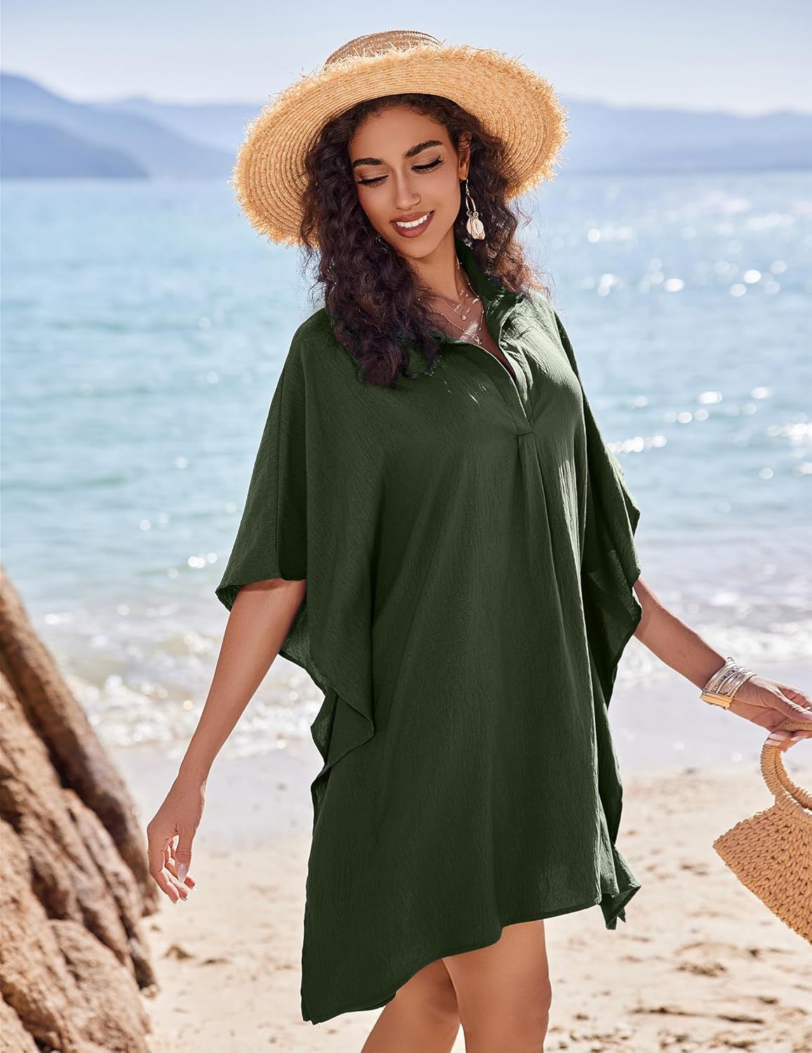 AI'MAGE Womens Swimsuit Beach Cover Up Shirt Summer 3/4 Sleeve Bathing Suit Beach Dress Oversized Bikini Coverups S-3XL - Image 3