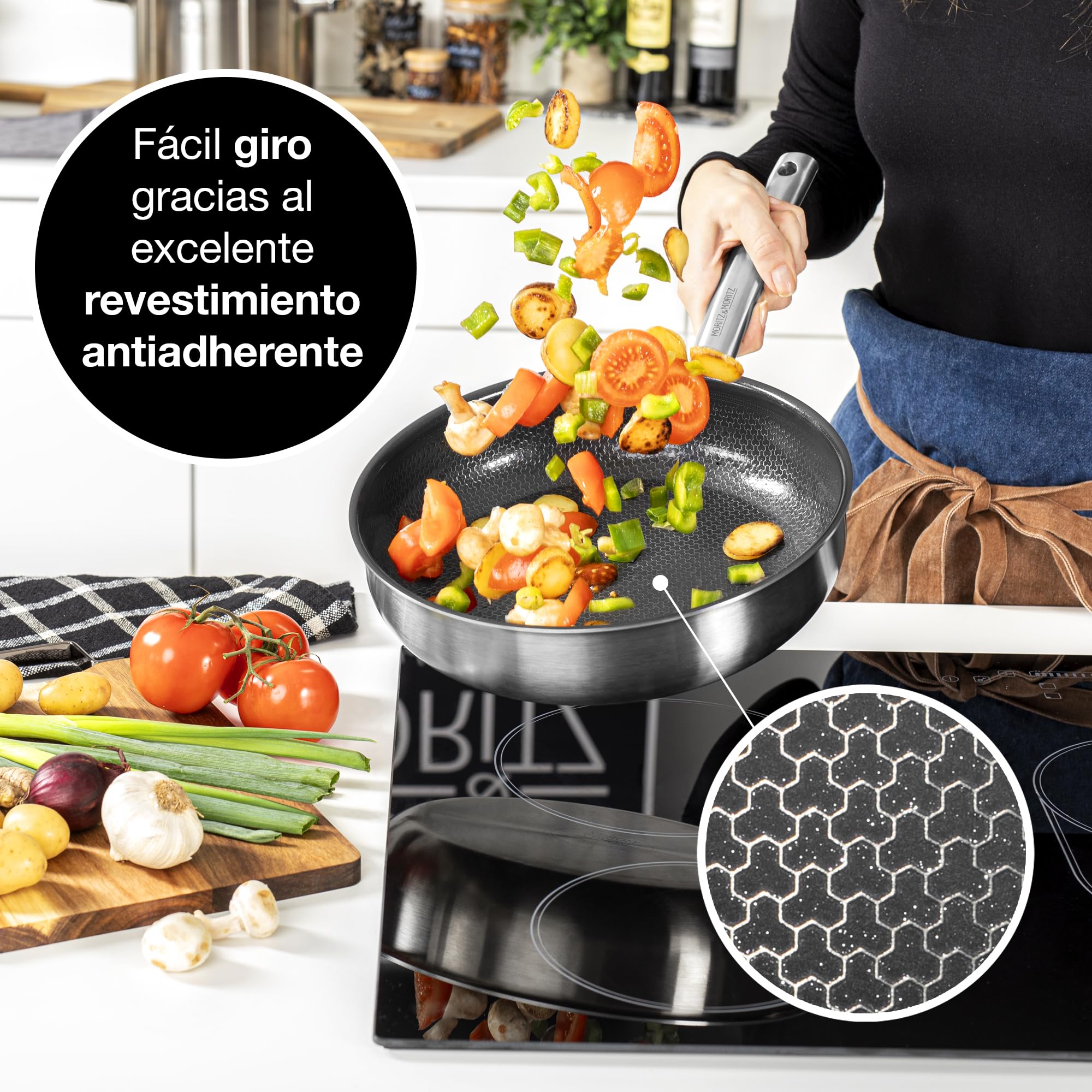 Moritz & Moritz Sartenes Antiadherentes Inducción 28cm de Acero Inoxidable Revestimiento Cerámico - Apta para todo Tipo de Placas - Sartenes Induccion Antiadherentes para Cocinar, Freír y Estofar