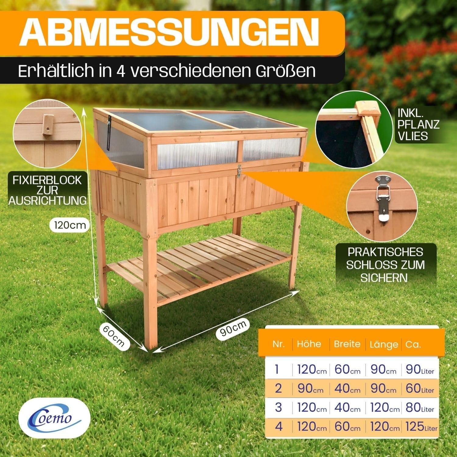 Jardinière surélevée avec embase 90 x 60 x 120 cm – Parterre de jardin ergonomique en bois, résistant aux intempéries et durable – Parfait pour les légumes, les herbes et les fleurs – N'abîme pas le