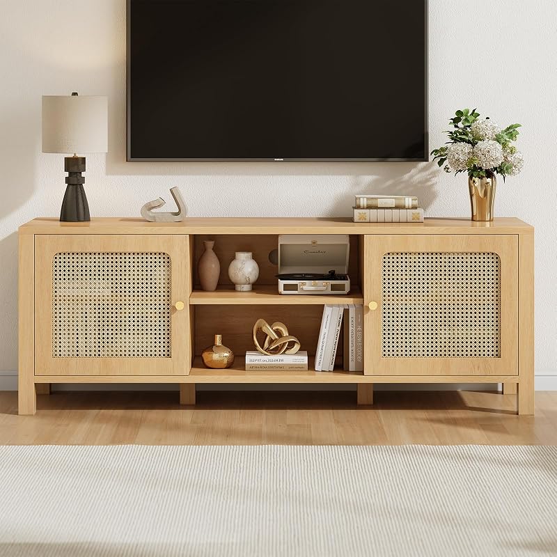 Sikaic Rattan TV Stand with Adjustable Shelf and Open Shelves, Natural Oak