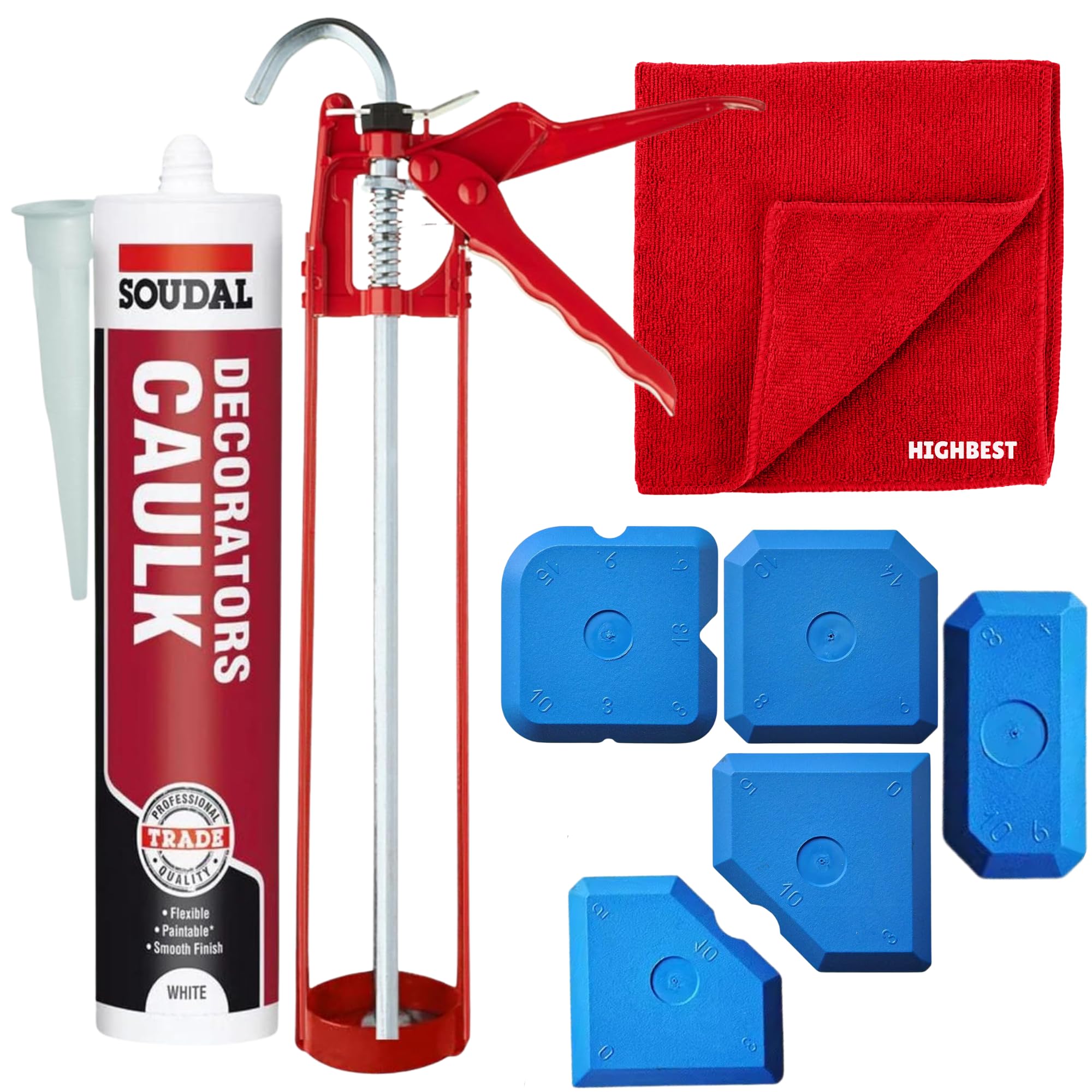 Soudal Decorators Caulk White Set with Caulking Gun, 5 Silicone Caulking Tools & Fibre Cleaning Cloth | Flexible Paintable White Caulk for Cracks, Gaps, Skirting Boards, Walls, Door Frames & Windows