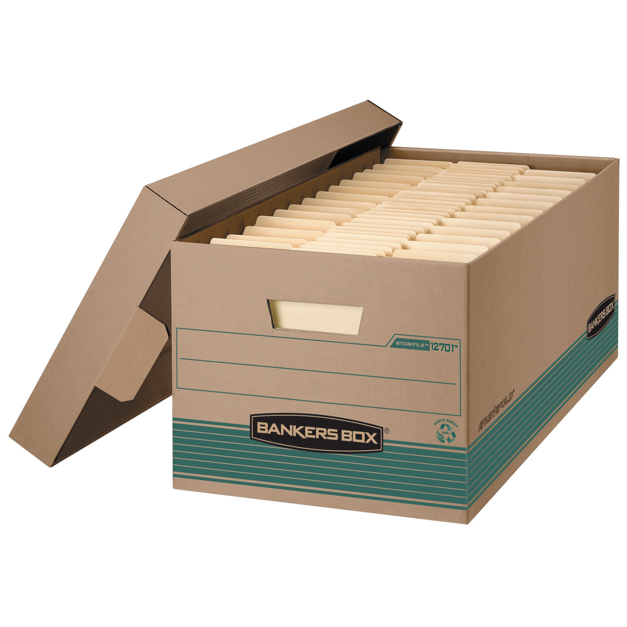 Bankers Box STOR/File Medium-Duty Storage Boxes, FastFold, Lift-Off Lid, 100% Recycled, Letter, Case of 12 (1270101)