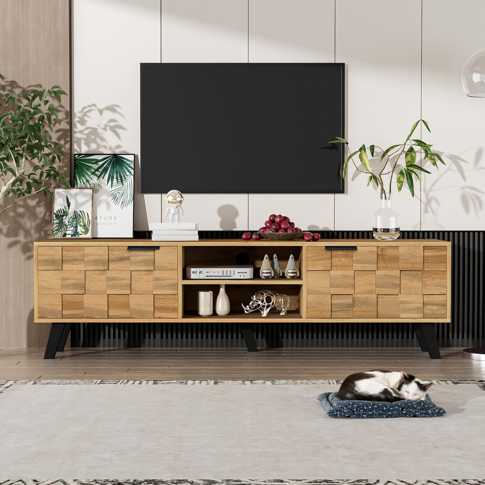 BTM Modern TV Cabinet with 2 Doors and 2 Open Shelves – 160.5 x 35.5 x 45 cm(Color May Vary Slightly Depending on Lighting)