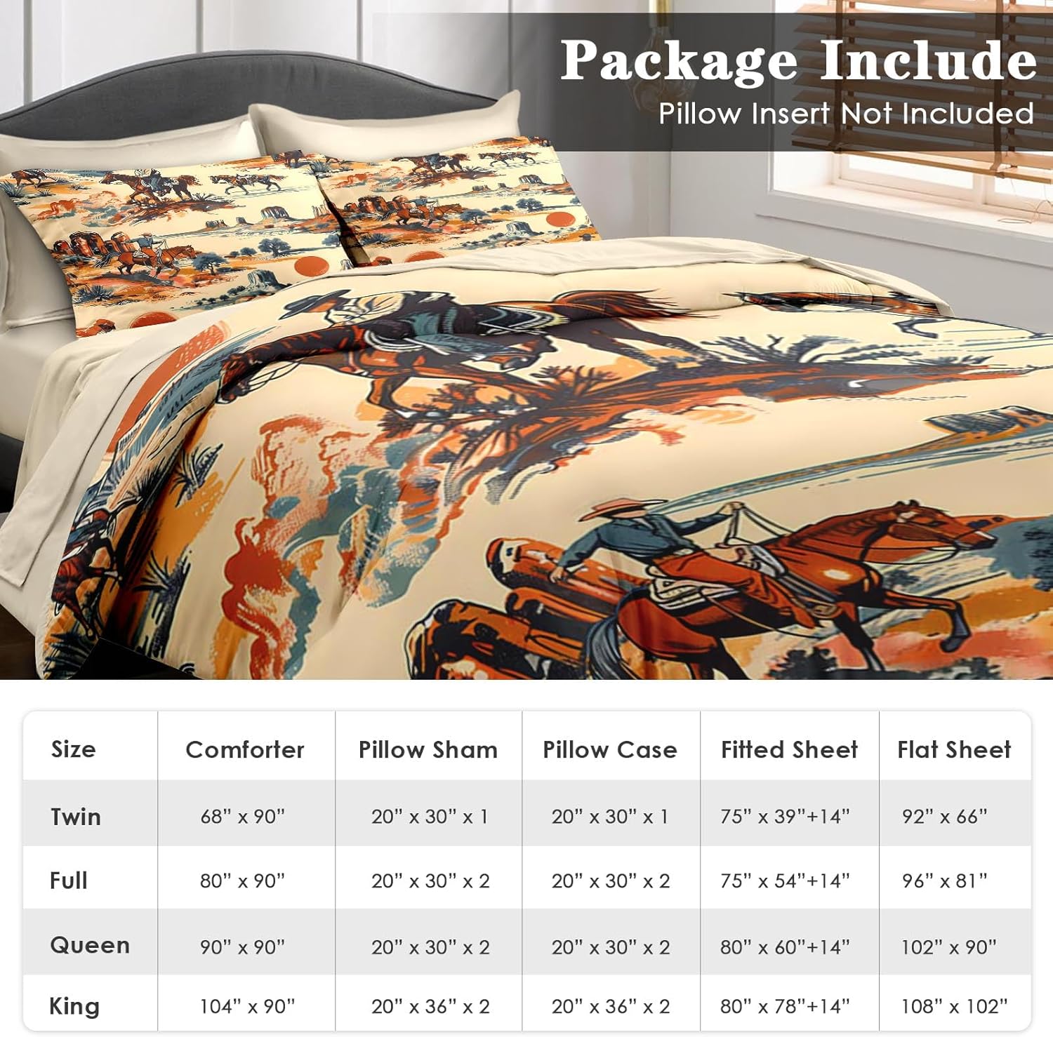 Comforter Set Queen Size, West Horse Desert 7 Pcs Bedding for Kids and Adults, Vintage Western Cowboy Bed Sheet Sets with Fitted Sheet 2 Pillowcases & 2 Shams for Bedroom Bed Decor - Image 6
