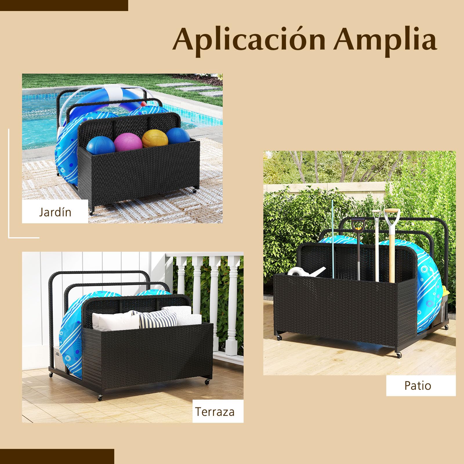 COSTWAY Baul Almacenaje para Flotadores de Piscina, Arcon Jardin Exterior con Ruedas para Flotadores, Armario Mimbre Impermeable, Muebles Patio Jardin Terraza, 100 x 100 x 94cm (negro)