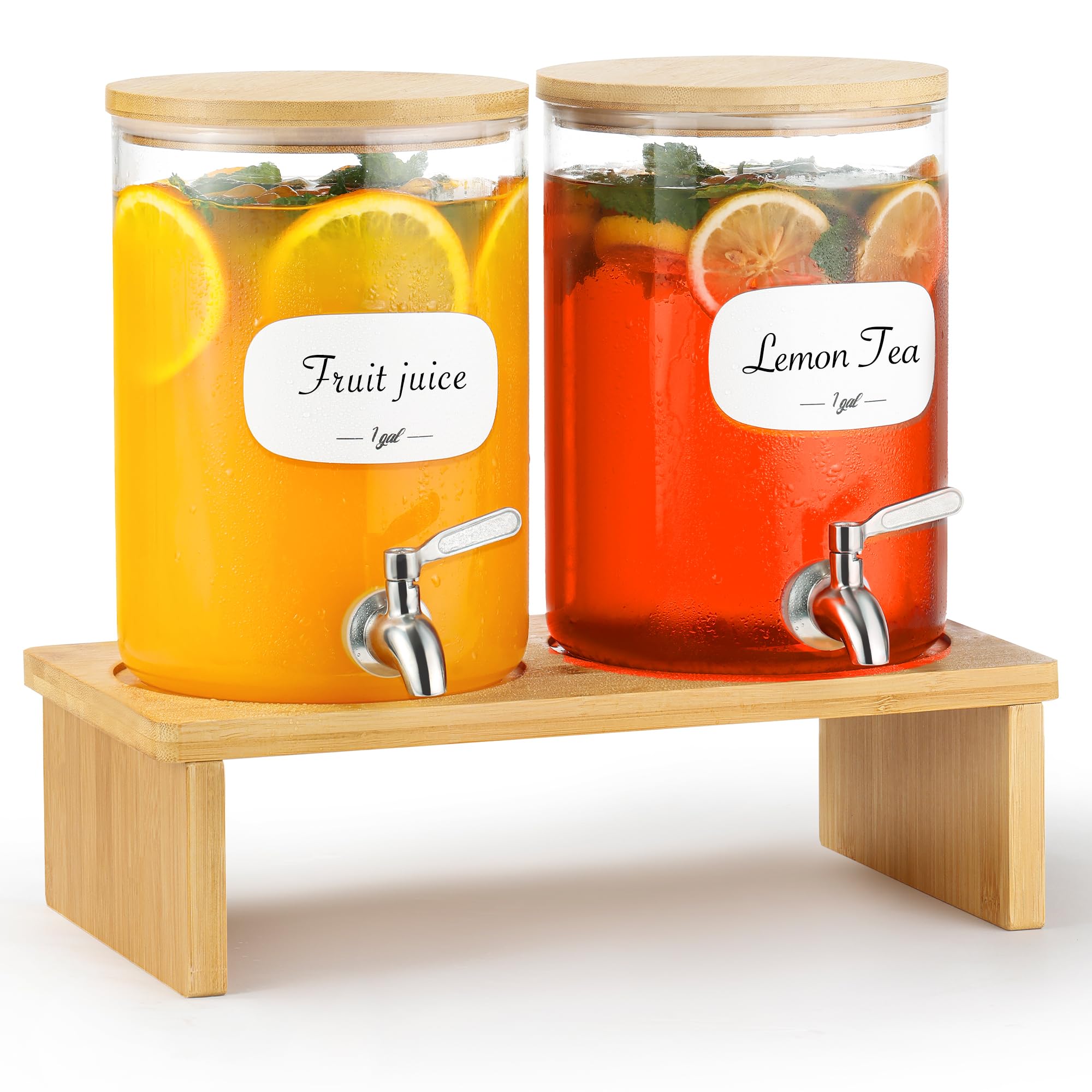 Photo 1 of 2 PCS 1 Gallon Glass Drink Dispenser for Parties. 2 Glass Beverage Dispenser with Bamboo Stand,18/8 Stainless Steel Spigot and Bamboo Lid, 8 Waterproof Labels.Usde as Lemonade,Iced& Hot Drinks.
