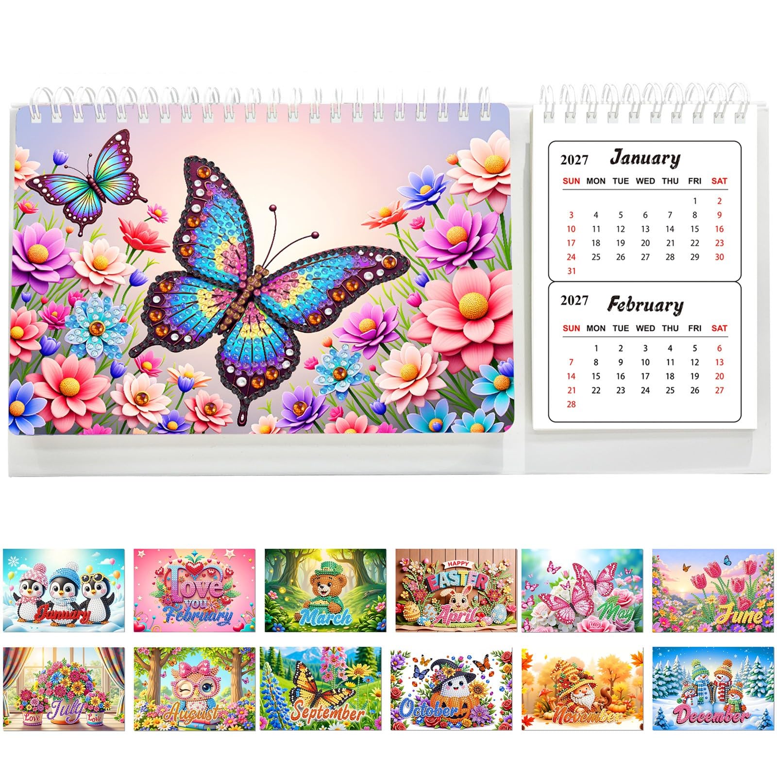 Lebartm DIY Diamond Art Desk Calendar for Adults Beginners 2027 to 2028 Two Year Gemstone Painting Art Crafts 24 Month Flipping Standing Calendar Home Office Planning-Animals01