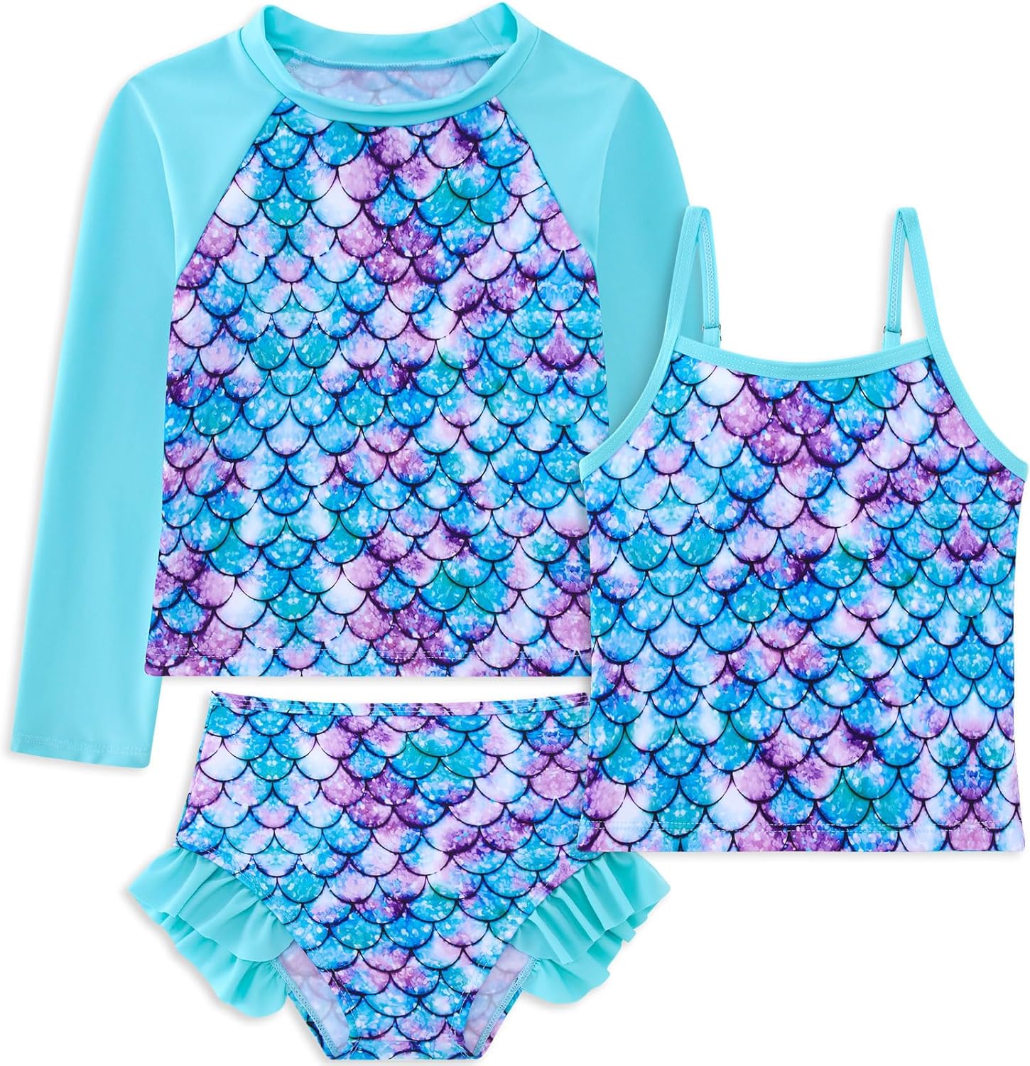 swimsobo Girls 3-Piece Swimsuit Size 3-10Y Bahting Suit Long Sleeve Rash Guard Tankini Sets UPF Sun Protection
