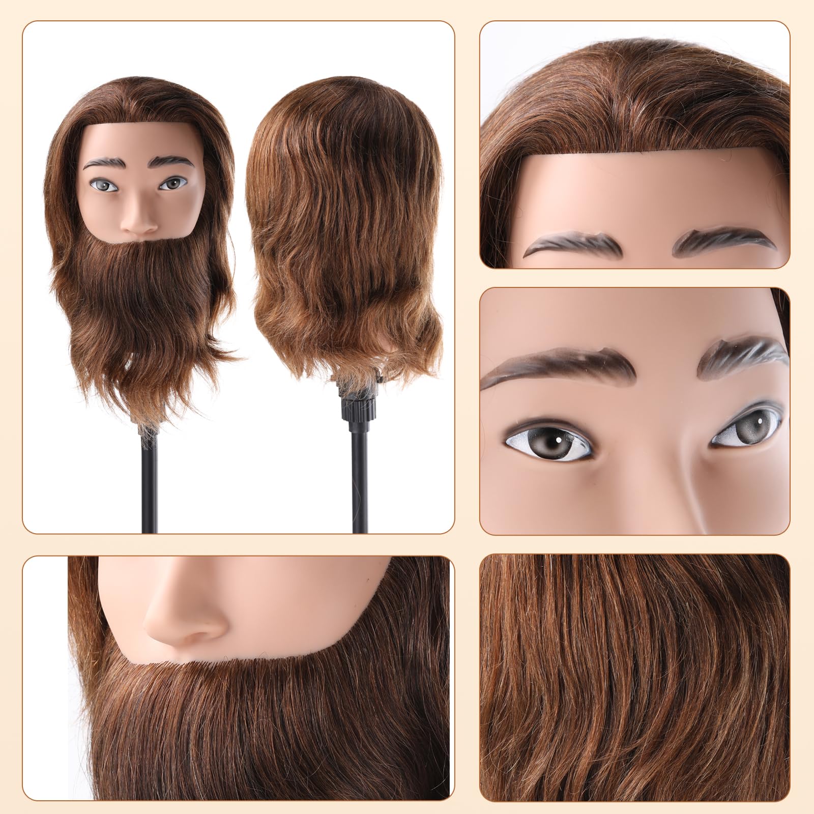 Mann Frisierkopf 100% Echthaar mit Bart Männlich Übungskopf Echthaar Friseur Kopf Puppenkopf Mannequin Kopf Mit Tischklemme + Kammsatz(19 Zoll)