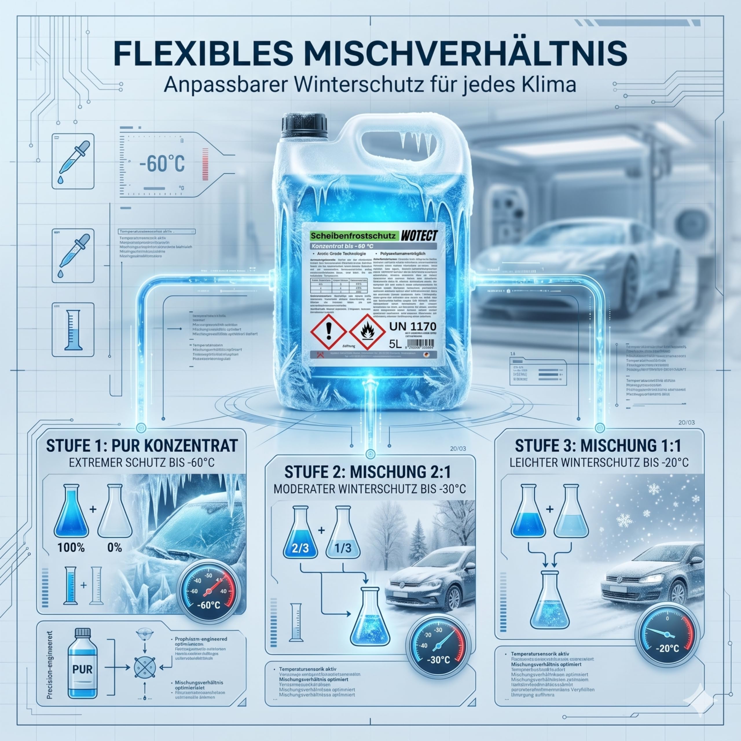 WOTECT 20L Scheibenfrostschutz Konzentrat bis -60°C – Winterscheibenreiniger Citrus Methanolfrei – Frostschutzmittel für die Auto Scheibenwaschanlage – Schnelles Enteisen & Klarsicht