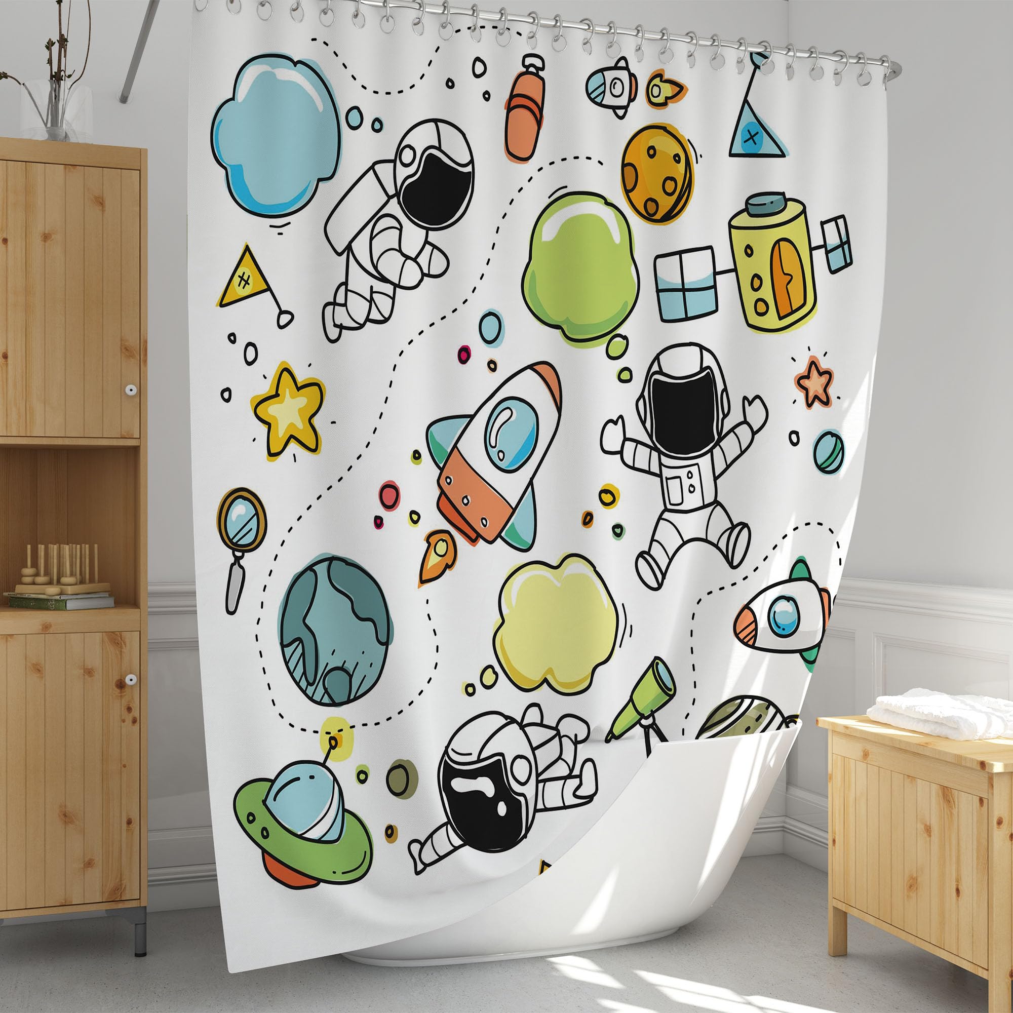 ARTXZDZ Cartoon Astronaut Shower Curtain - Outer Space Astronauts Theme Shower Curtain for Kids Boys Girls - Bathroom Decor - Transform Bath Time into Fun Time - 12 Plastic Hooks 72x72 Inches