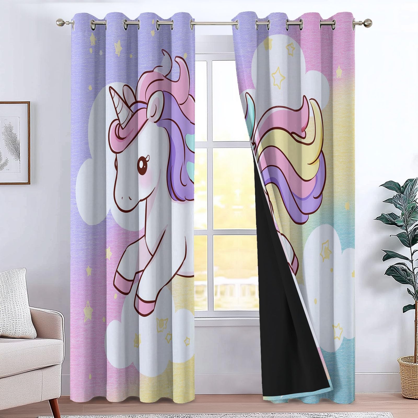 Lot de 2 Rideaux Occultants - 3D Licorne Arc En Ciel Mignonne Nébuleuse Rideau De Fenêtre Isolant Thermique Phonique en Polyester pour Chambre d'enfant Salon Maison Bureau Décoration 110 x 215 cm