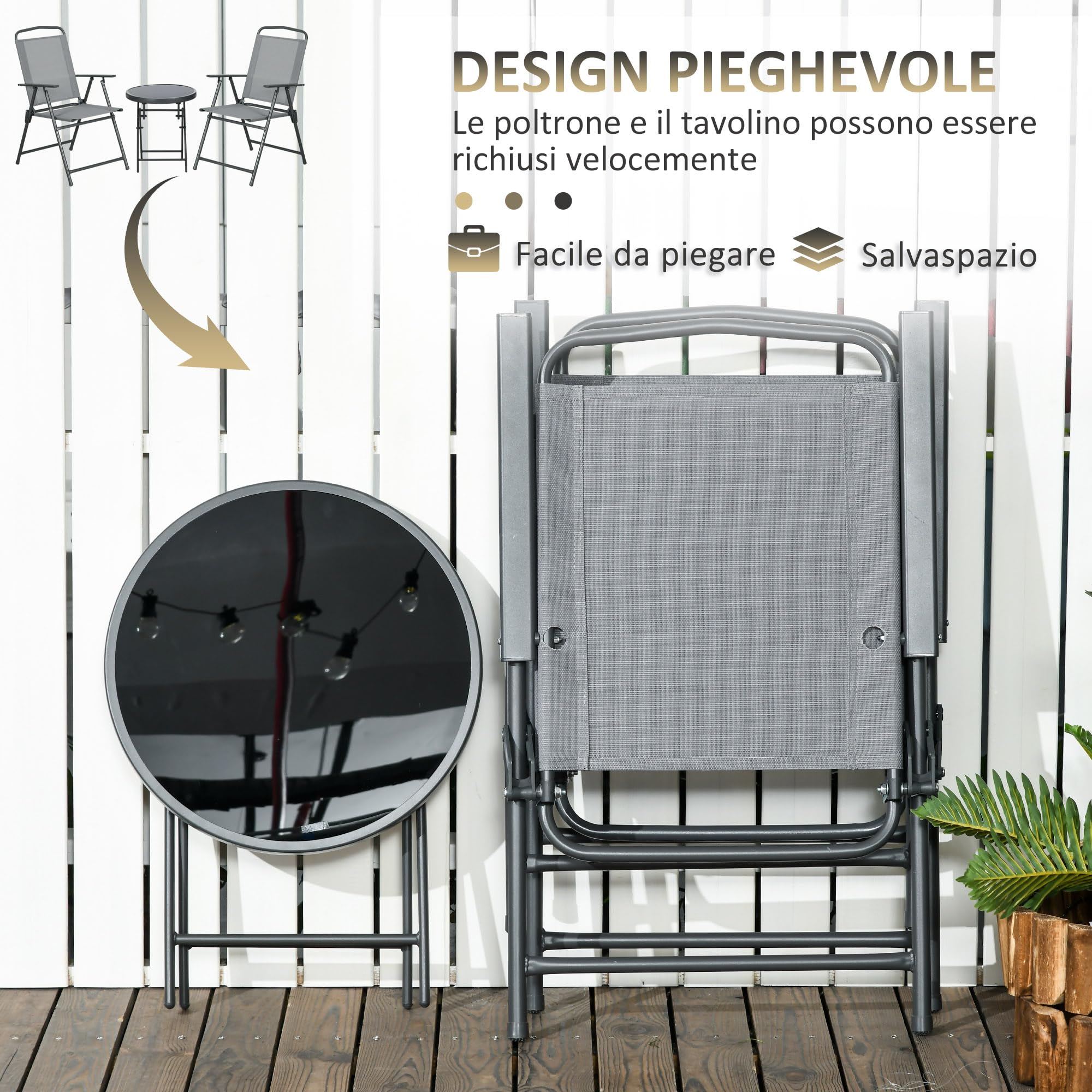 Outsunny Set da Giardino 3 Pezzi con Sedie e Tavolino Pieghevoli in Metallo e Vetro Grigio Chiaro per Patio