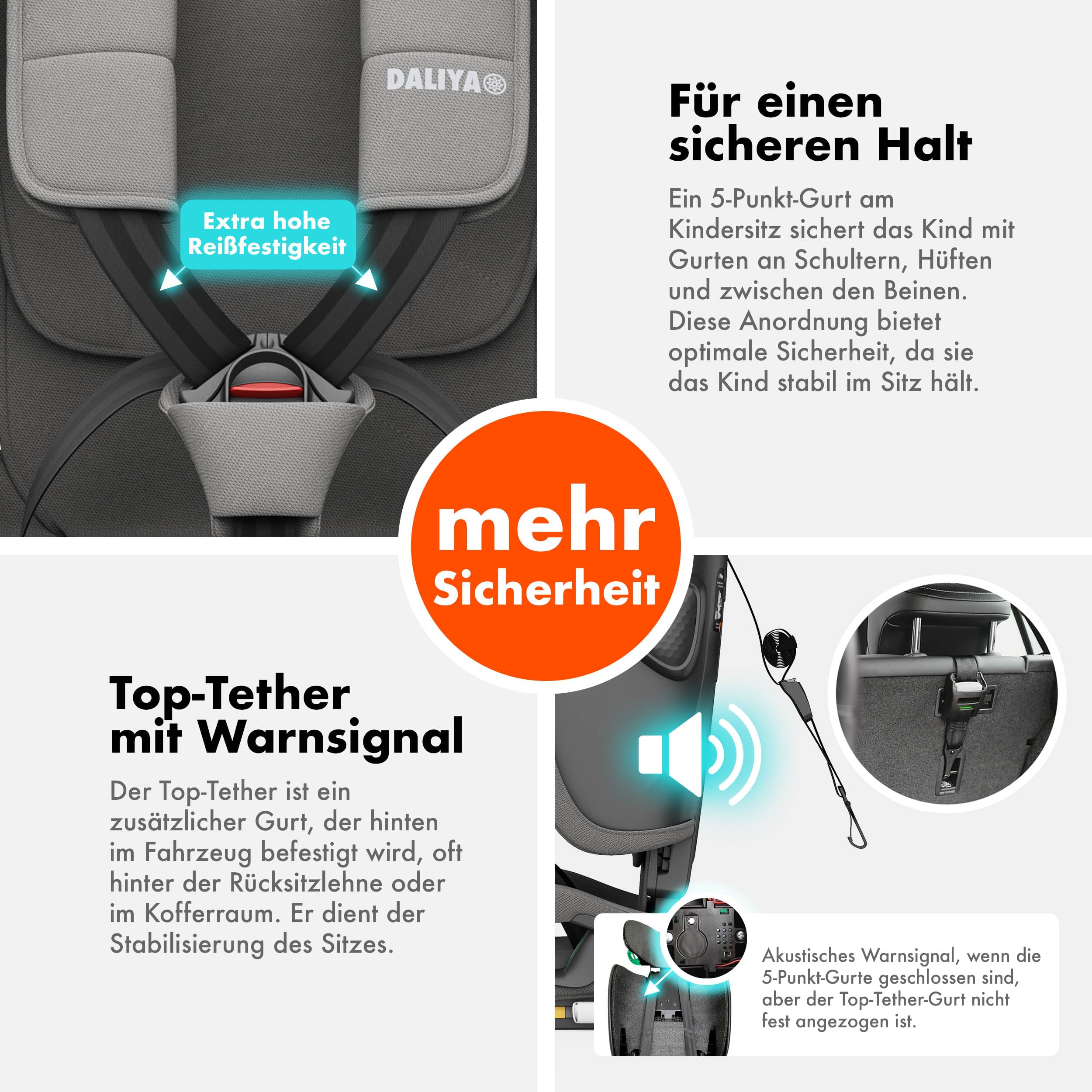 Daliya® JOYMAX i-Size Kindersitz, ISOFIX, Top Tether mit Warnmelder, für Kinder 76-150 cm, ab 15 Monaten, 9-36 kg, Autokindersitz (Grau)