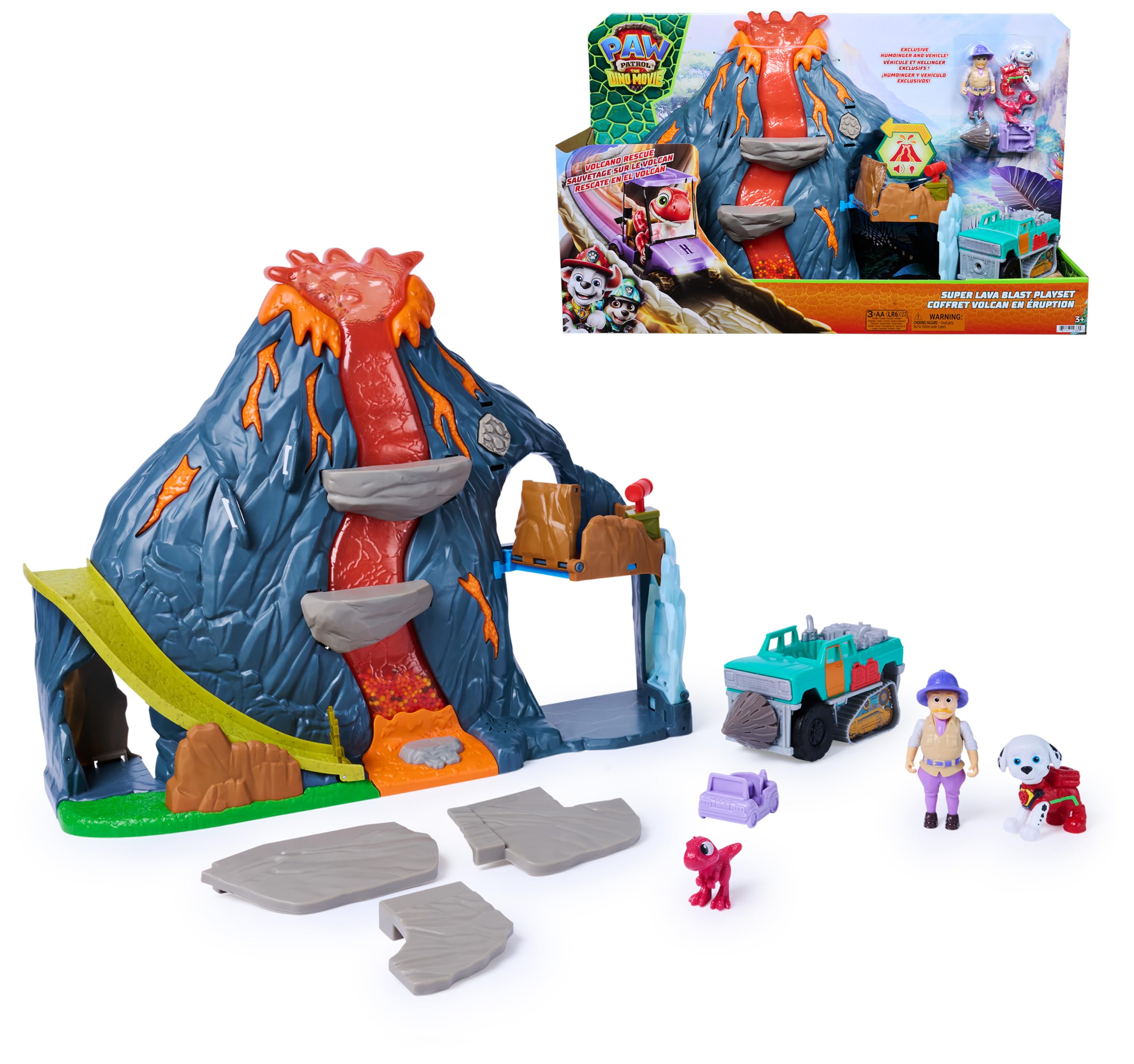 Paw Patrol: The Dino Movie, Set de Juego Super Lava Blast Volcano con Luces y Sonidos, Figuras de acción de Marshall y Rhubarb, Juguetes para niños y niñas preescolares, a Partir de 3 años