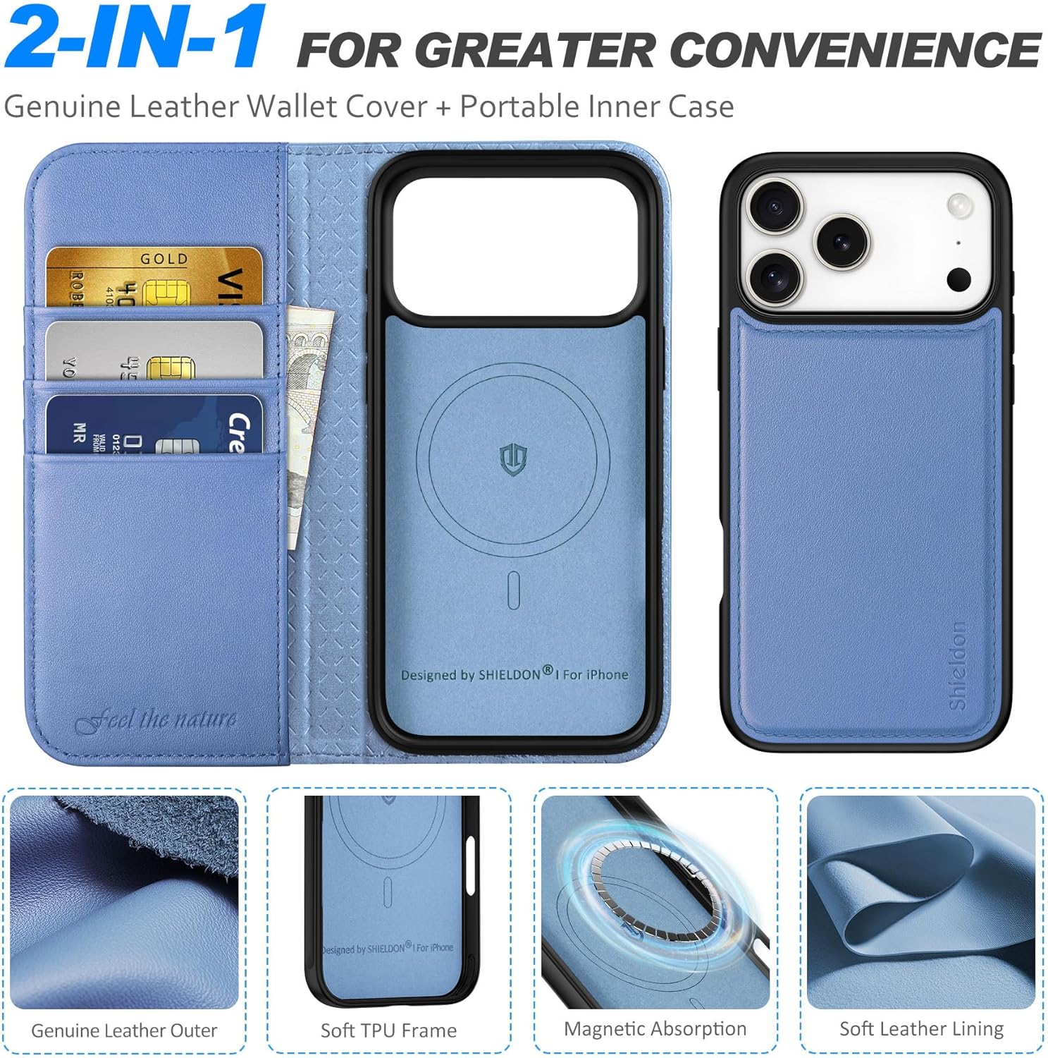 SHIELDON 2 in 1 Wallet Case for iPhone 17 Pro Max 6.9" | Detachable, Genuine Leather, Wireless Charging, Flip Kickstand, RFID Blocking Credit Card Slot, Magnetic Protective Cover - Wisteria Purple - Image 6