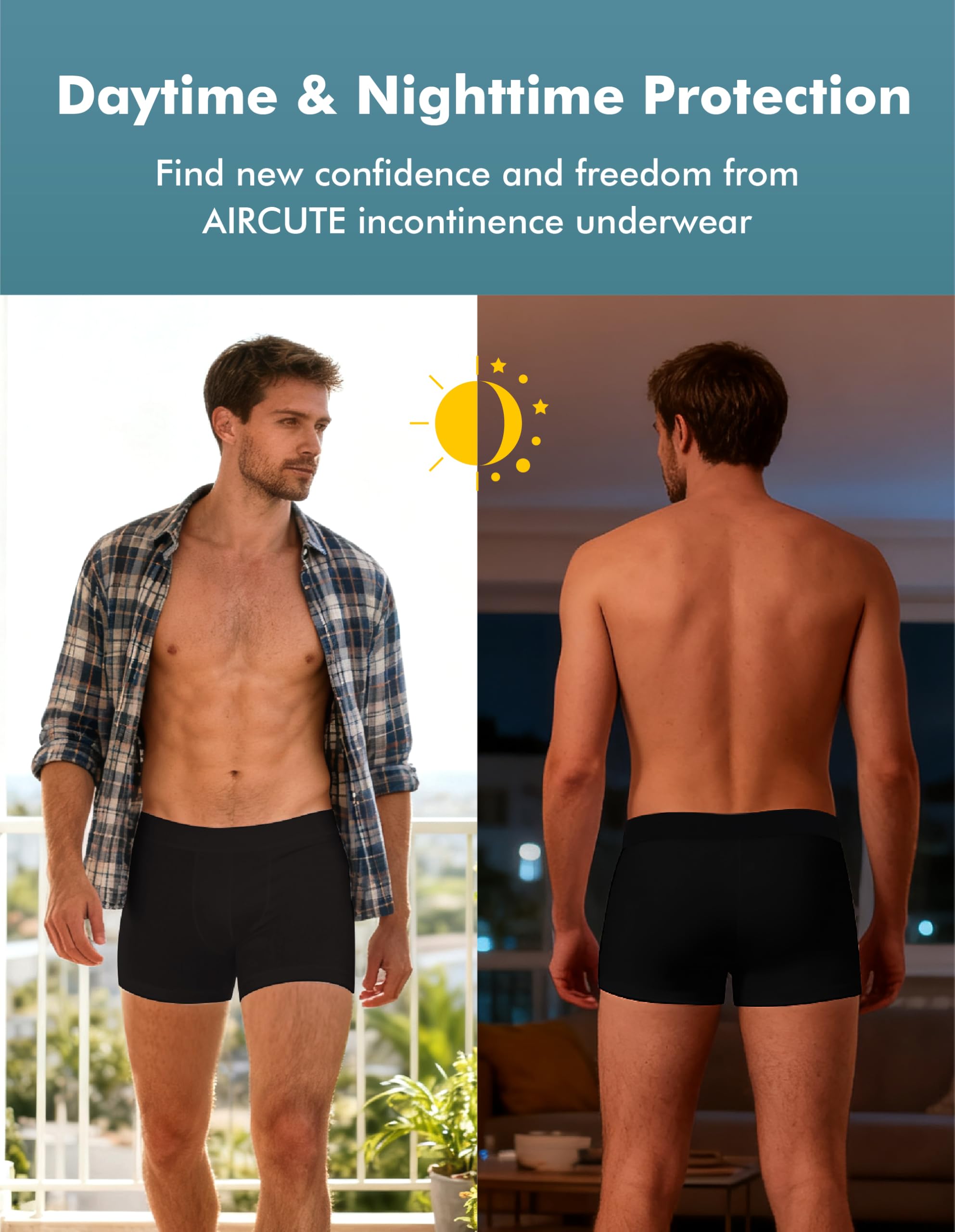 AIRCUTE Ropa interior lavable para hombre, para incontinencia urinaria, transpirable, suave, a prueba de fugas, paquete de 3 (S, 2 negro, 1 blanco)