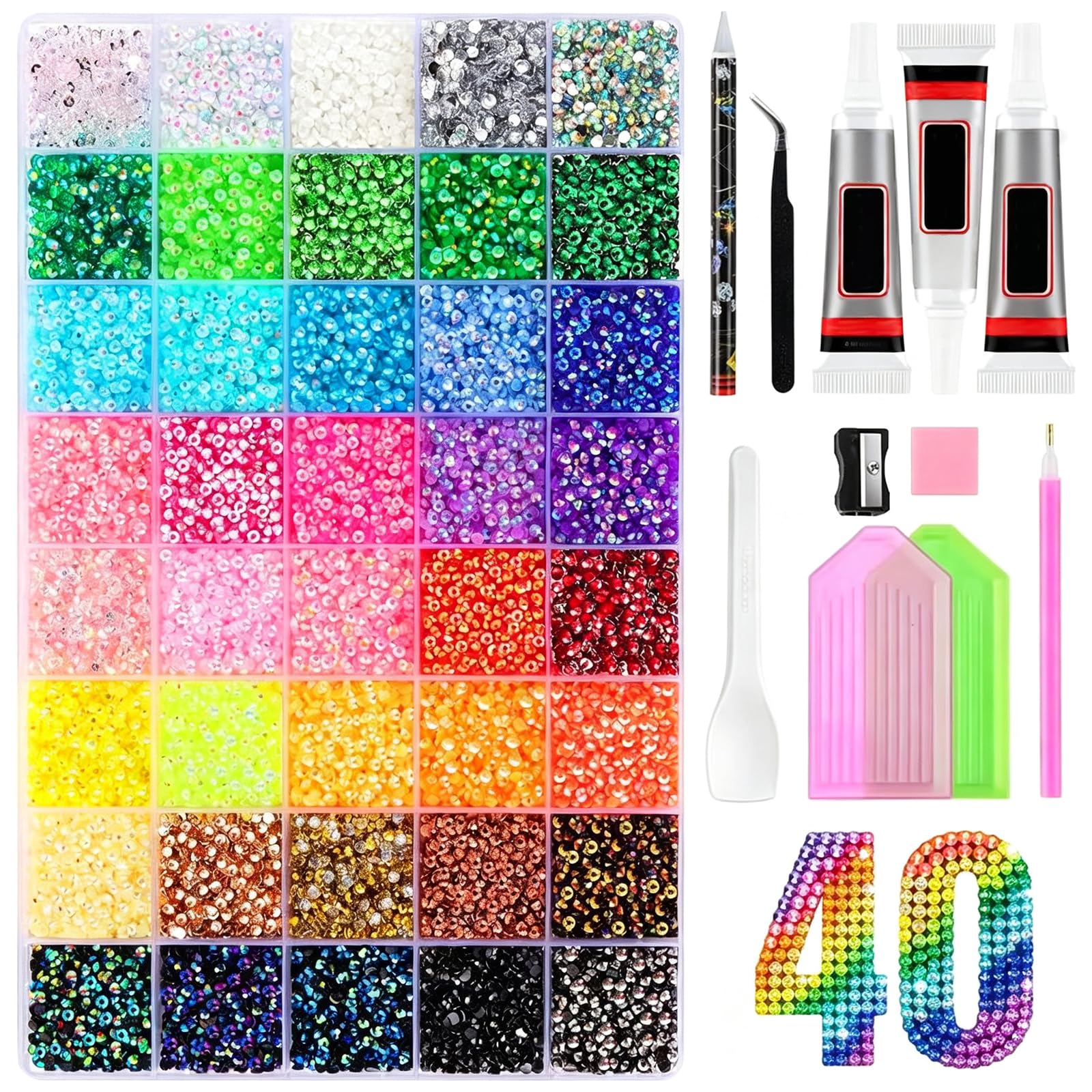 Bedazzler Kit with Glue -32000 Stück Glitzersteine, 40 Farben | Strasssteine Set mit Kleber & Werkzeugen Bedazzling kit für DIY, Tassen, Kleidung und nail design, face make-up