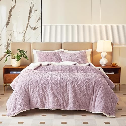 Joyreap Juego de edredón de 3 piezas de sherpa de pelo sintético esponjoso color morado, juego de edredón de lujo tamaño queen, ultra suave y cálido disponible en Yaxa Venezuela