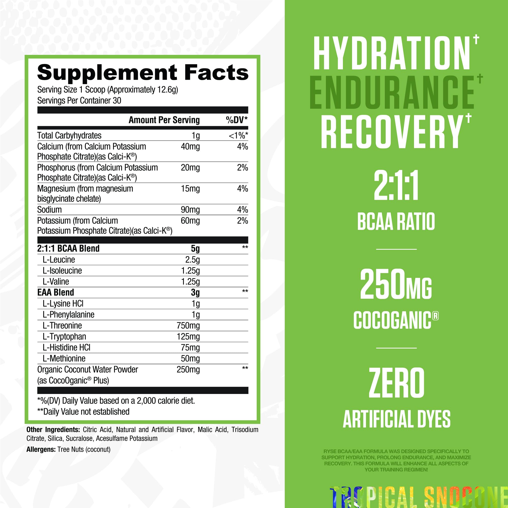 RYSE BCAA EAA Powder - Tropical Snocone - 5g Branched Chain Amino Acids, 3g Essential Aminos, Sugar-Free Electrolytes for Pre & Post Workout Muscle Recovery, Hydration and Strength - 30 Servings — Amazon image 2