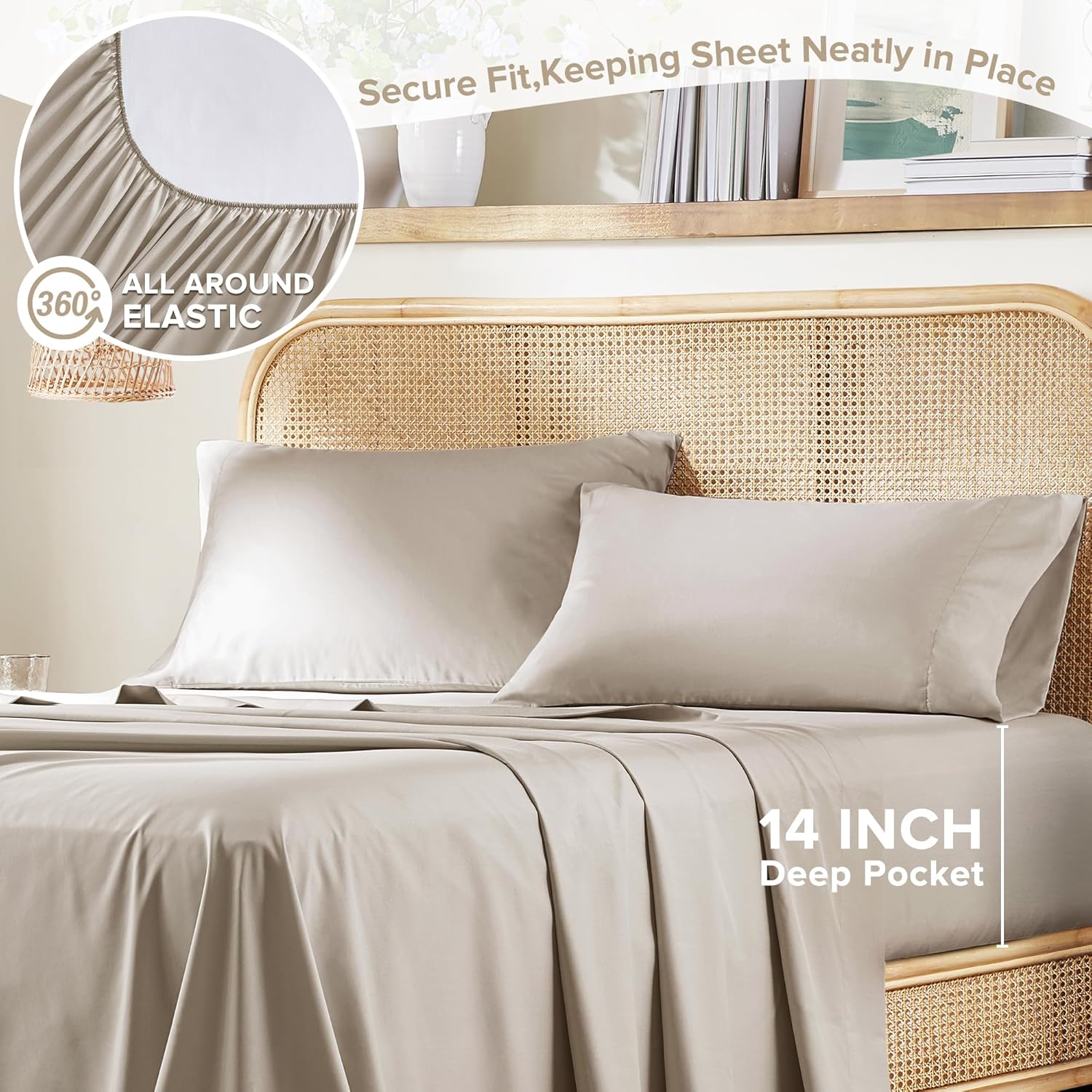 Comfort Spaces Cooling Sheet Set Poly X Rayon Blend (Rayon Derived from Bamboo), Soft, Silky, Lustrous, Heathered Finish Queen Sheets for Summer All Season Sheet Set, Queen, Beige, 4 Piece