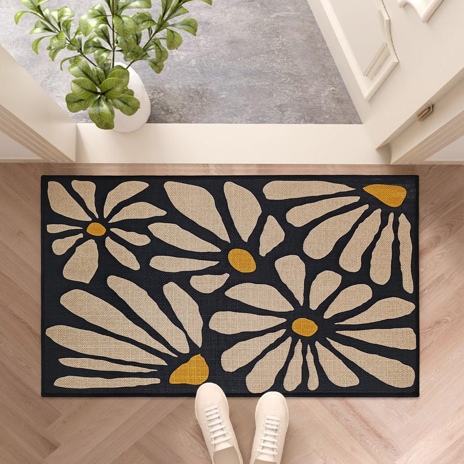 Denifeiya Black Floral Door Mat Funny Cartoon Outdoor Indoor Welcome Mats Cute Front Doormat Non Slip Entrance Rugs for Inside Outside Entry Porch