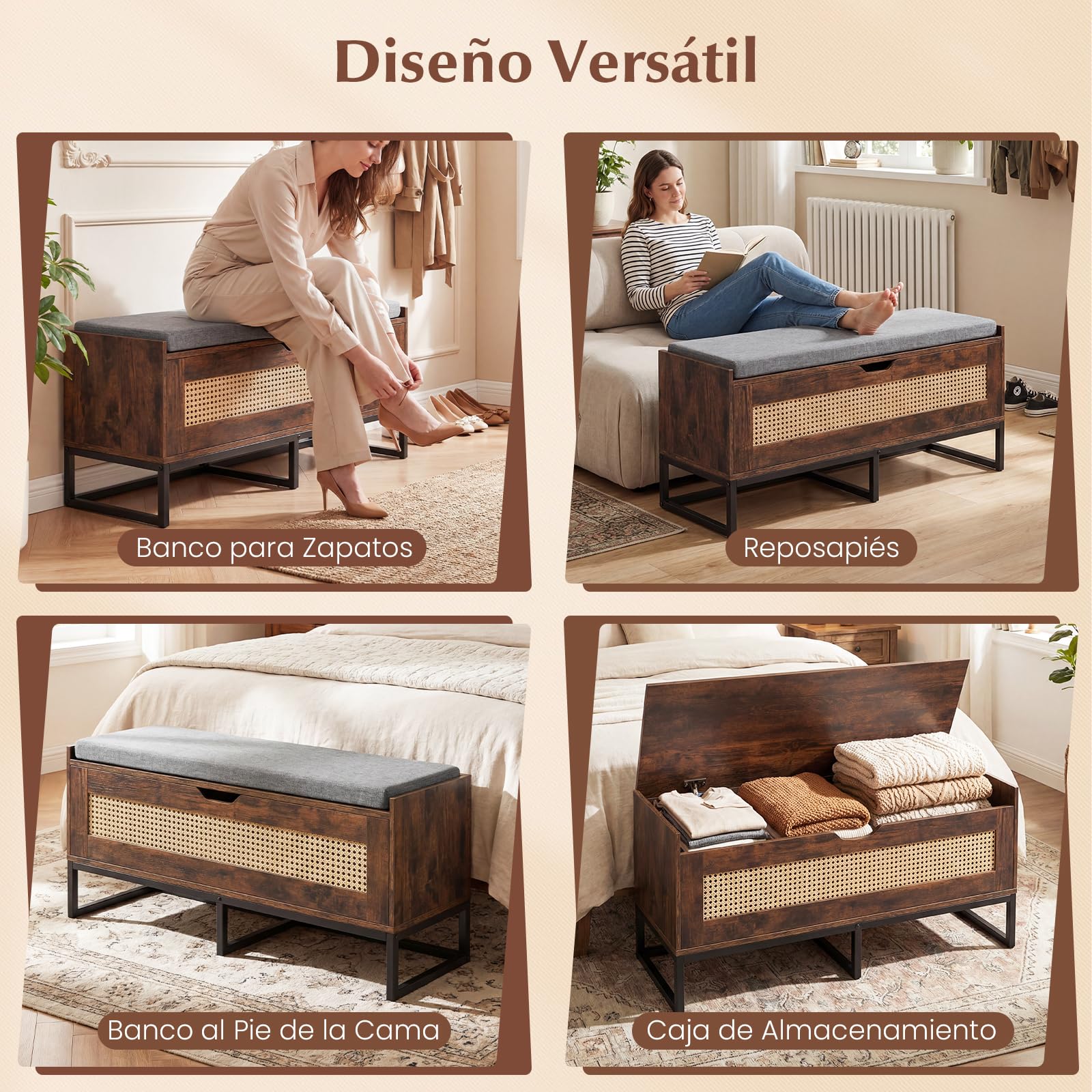COSTWAY Puff Almacenaje de Ratán,100 x 35 x 44 cm, Banco para Zapatos de Mimbre con Asiento Acolchado, Banco Almacenaje con 2 Bisagras de Seguridad, Soporta 200 kg, para Dormitorio (Marrón Rústico)