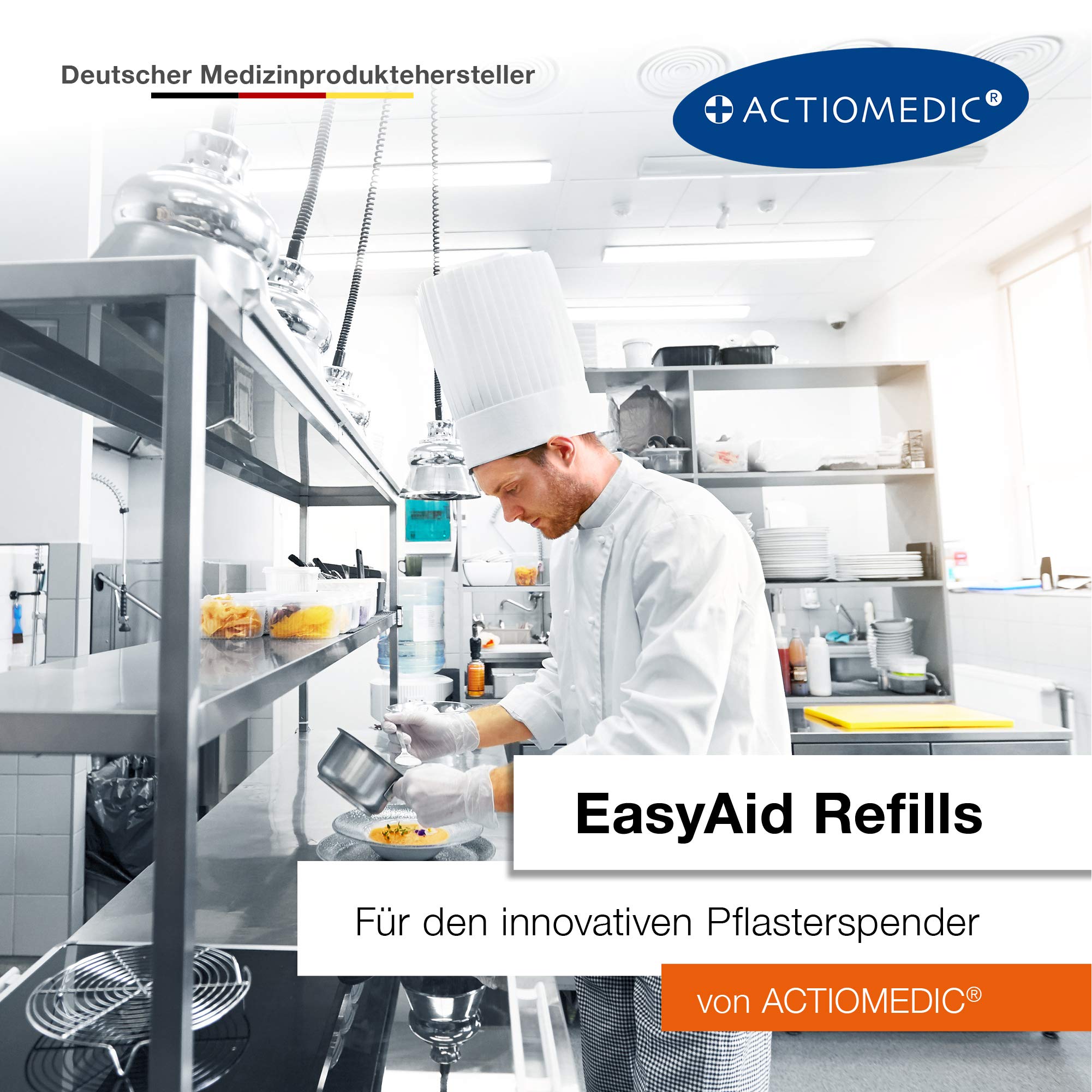 ACTIOMEDIC I EasyAid Distributeur de pansement DETECT, Comprenant 90 sparadras bleus détectables pour l'industrie alimentaire, Avec système kanban et matériel de fixation murale, Trousse de secours
