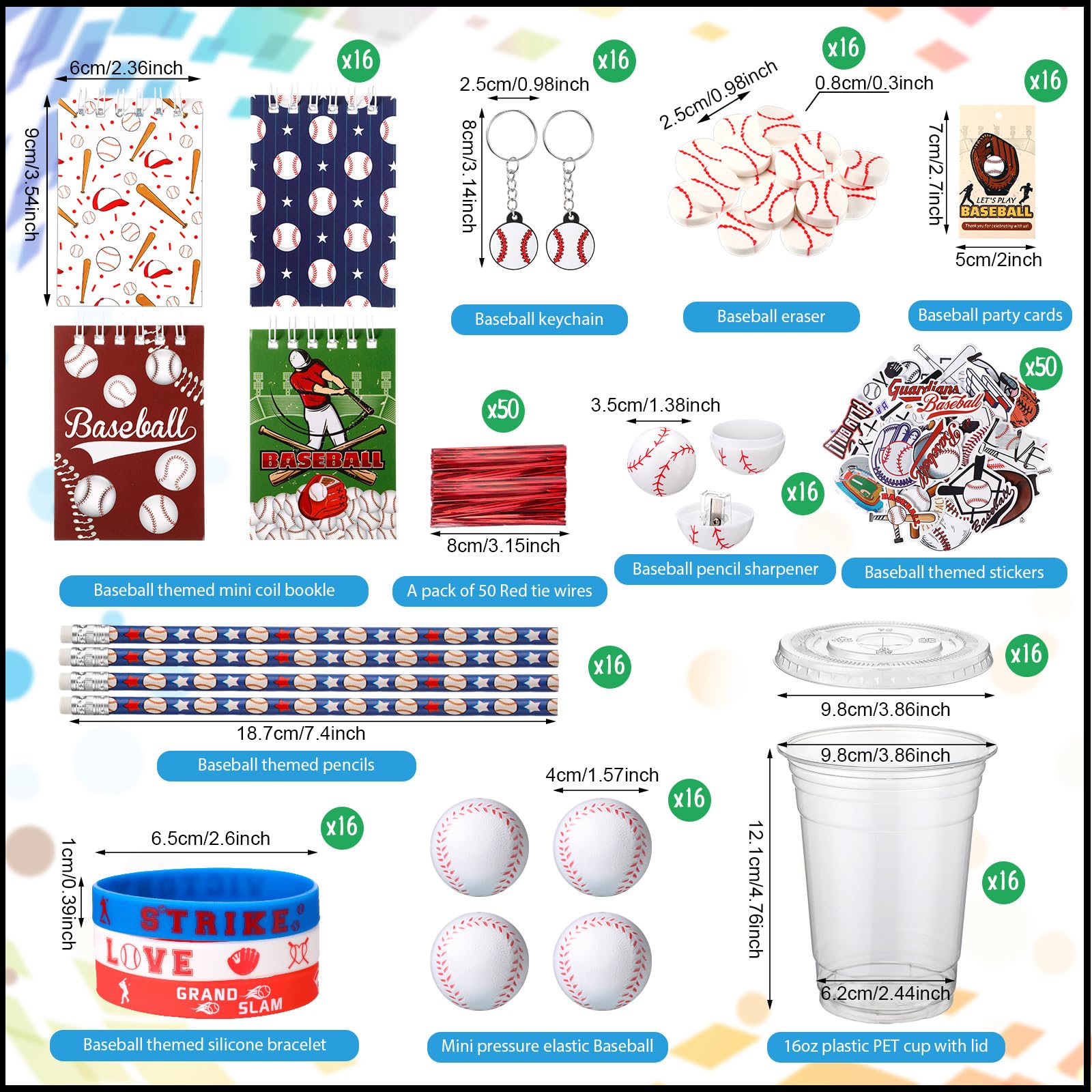 Colarr 195 Pcs Baseball Birthday Gifts Party Favors Gift Cups Pencils Mini Book Keychains Wristbands Stickers Thank You Cards Eraser Sharpener Mini Ball for Basketball Football Soccer Party