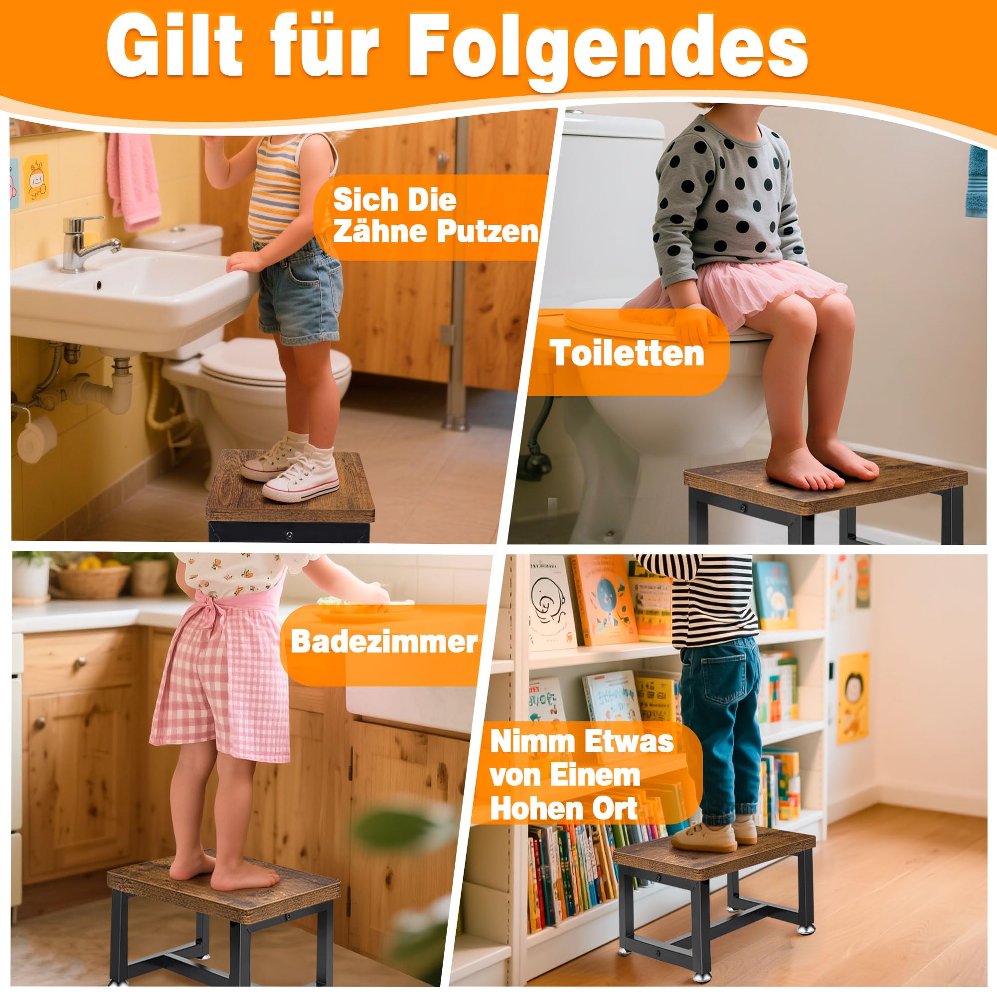 Tritthocker Kinder Stufen, Verdickter Unterbalken, Holz Fußhocker | Bis zu 300 Lbs Belastbarkeit, Für Küche, Bad, Kinderzimmer, Stabile Konstruktion,Metallrahmen,1L