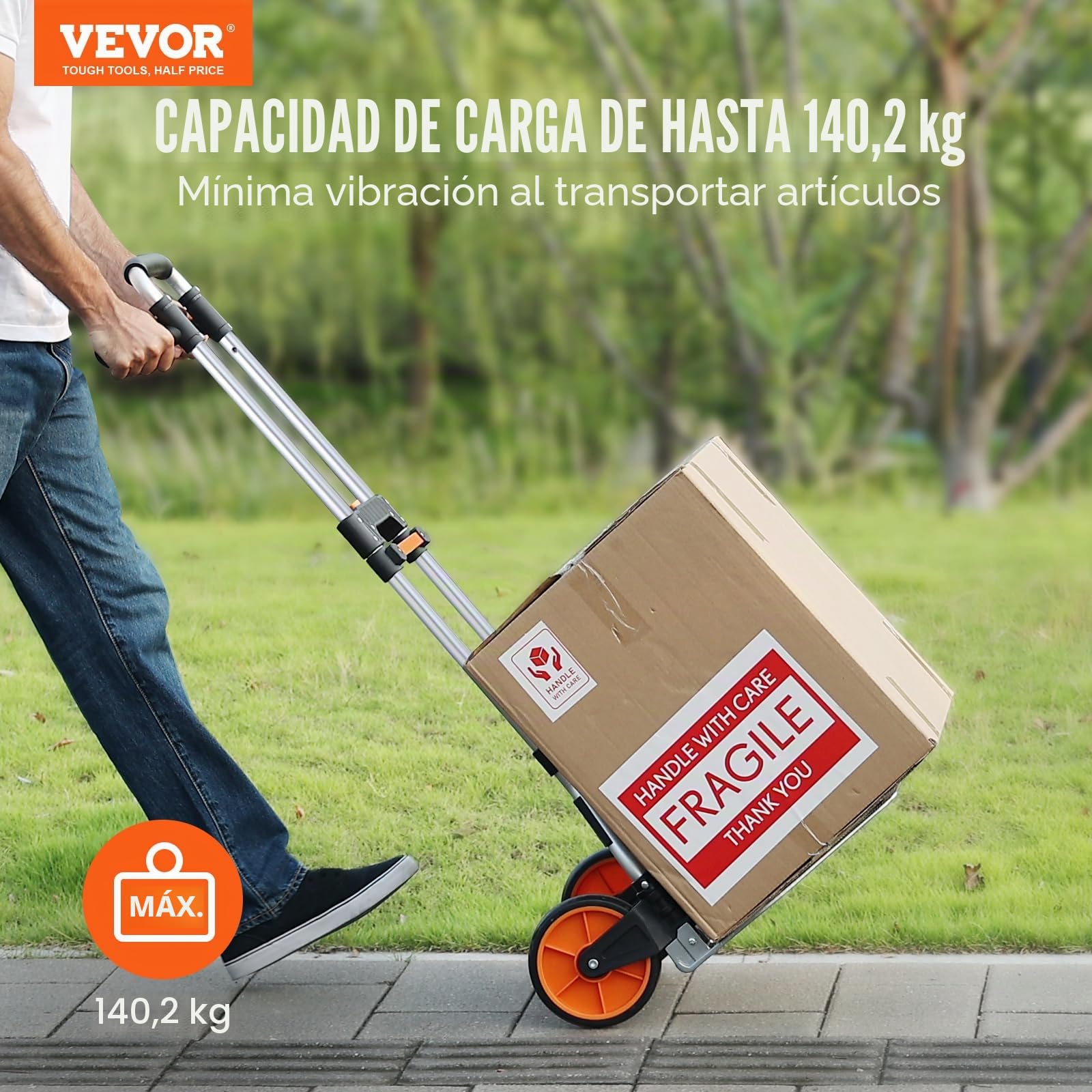 VEVOR Carretilla de Mano Plegable de Aluminio Carga de 140 kg Carro de Mano de Alta Resistencia con Ruedas de Goma Mango Telescópico para Transporte Doméstico, Mercancías de Almacén Supermercado