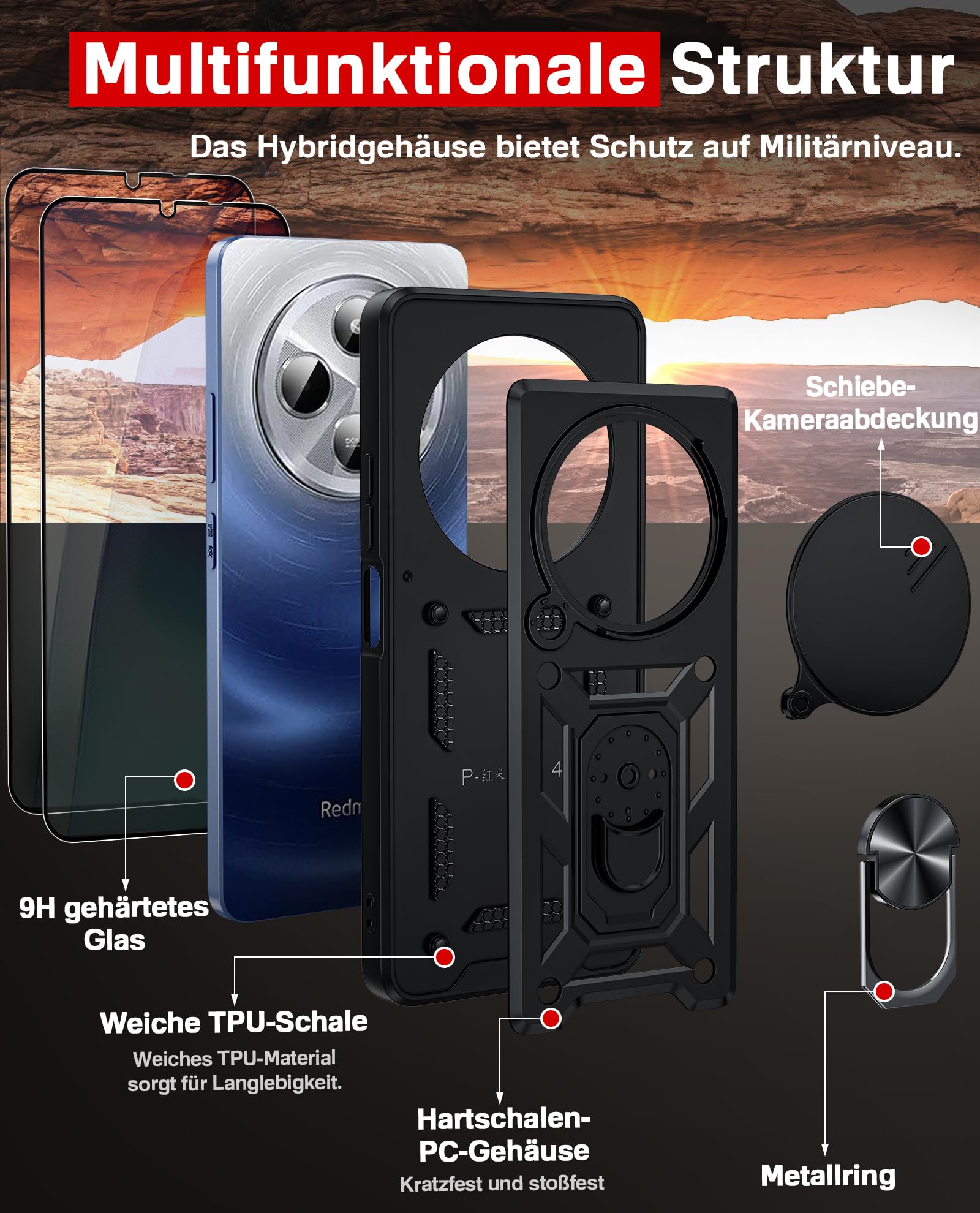 LeYi Etui na telefon komórkowy Xiaomi Redmi 14 C 4G [2 folie ochronne ze szkła hartowanego] ochrona aparatu, hybrydowe etui ochronne, metalowy pierścień, stojak, etui na aparat z przesuwną pokrywą