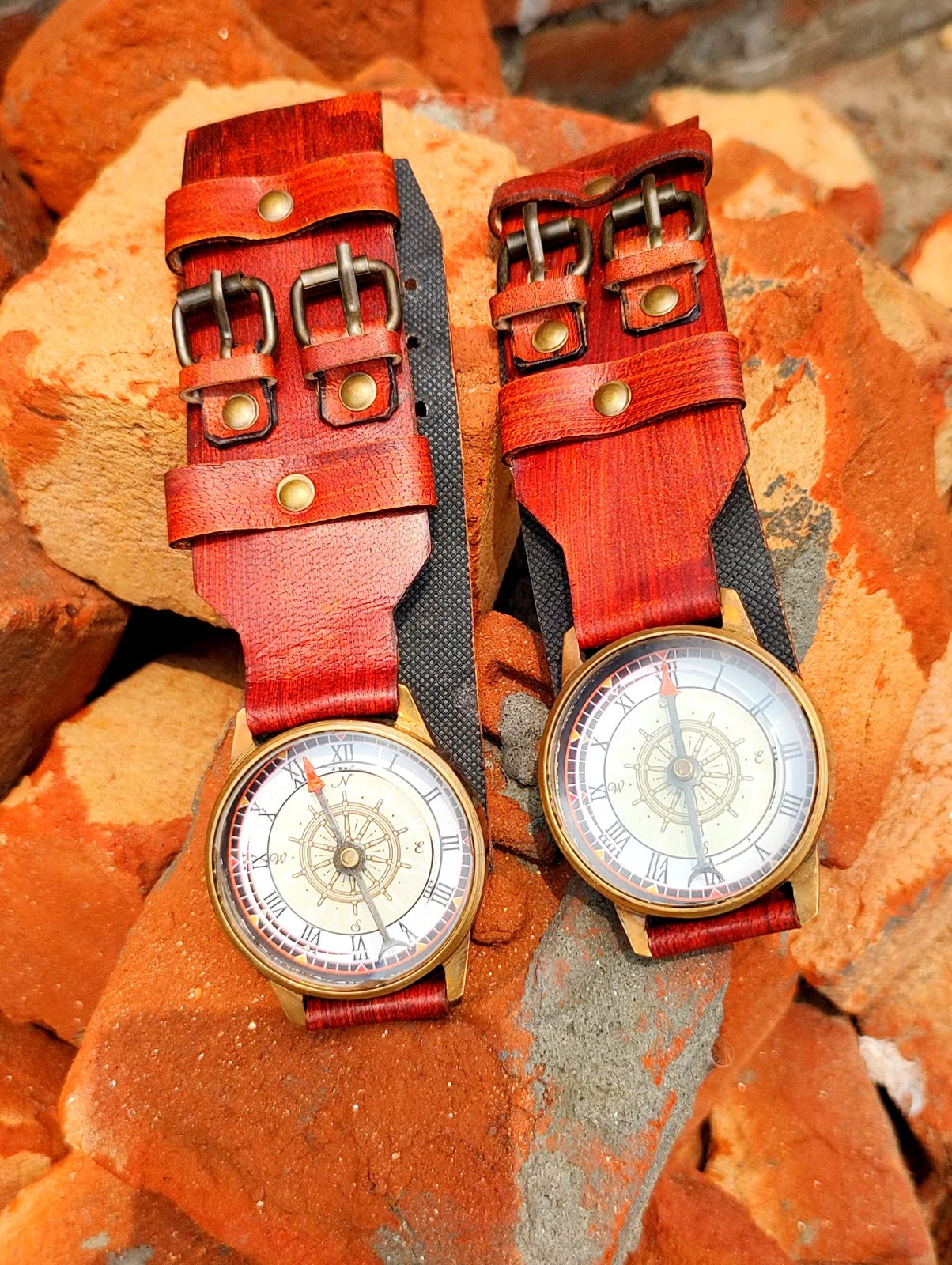 Vimal Nautical2 Piece Brown Antique Vintage Style Marine Nautical Brass  Sundial Compass Wrist Watch with Lather Type Size Inch